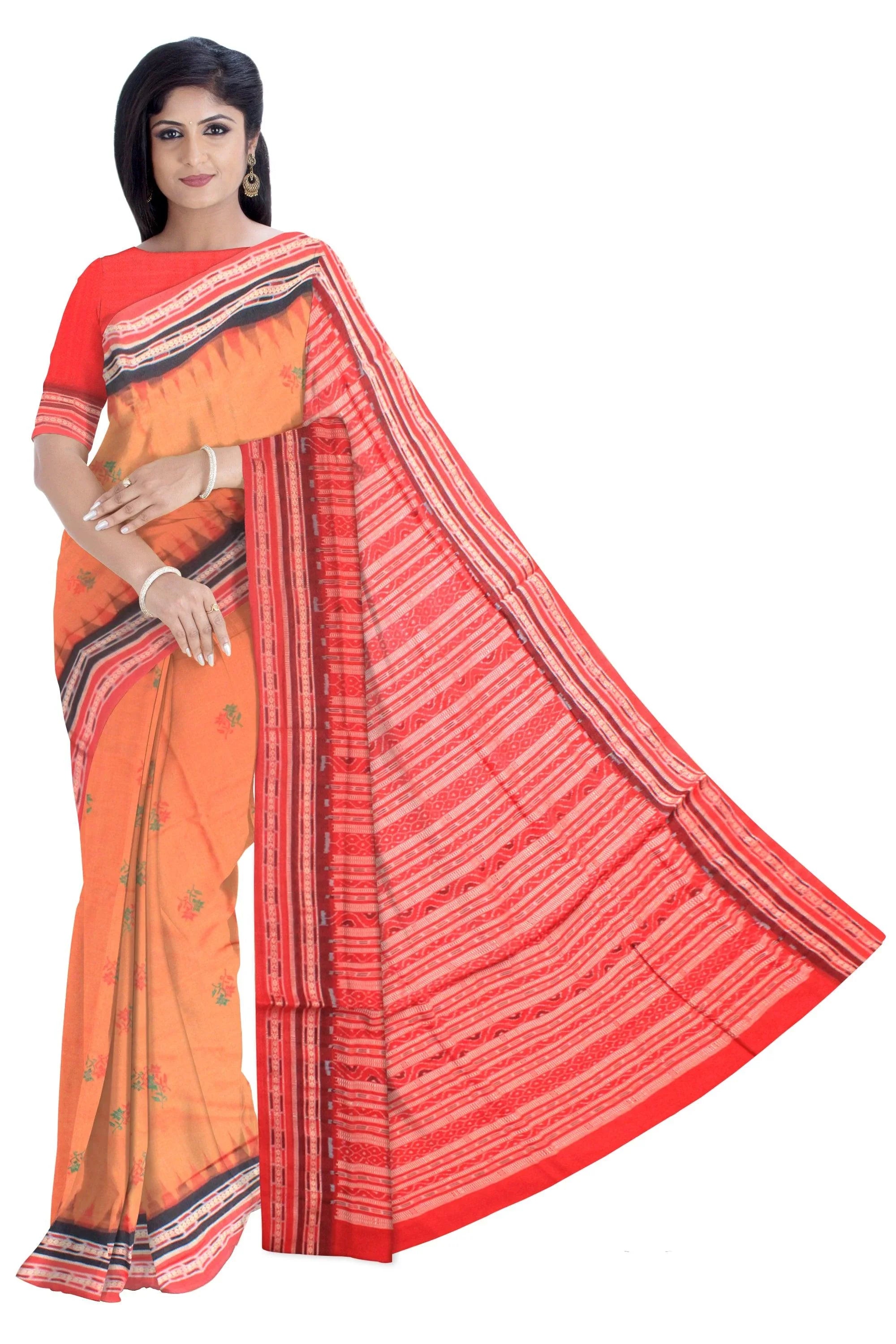 A sambalpuri cotton saree in light orange and red color base , with blouse piece. - Koshali Arts & Crafts Enterprise