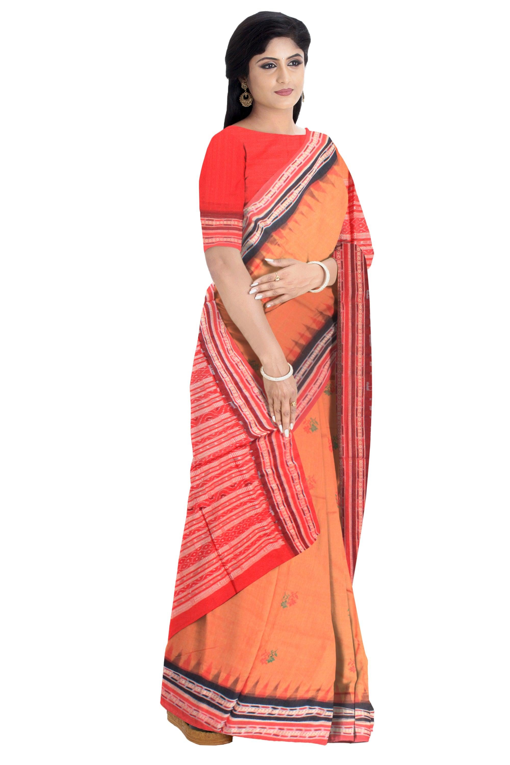 A sambalpuri cotton saree in light orange and red  color base , with blouse piece. - Koshali Arts & Crafts Enterprise