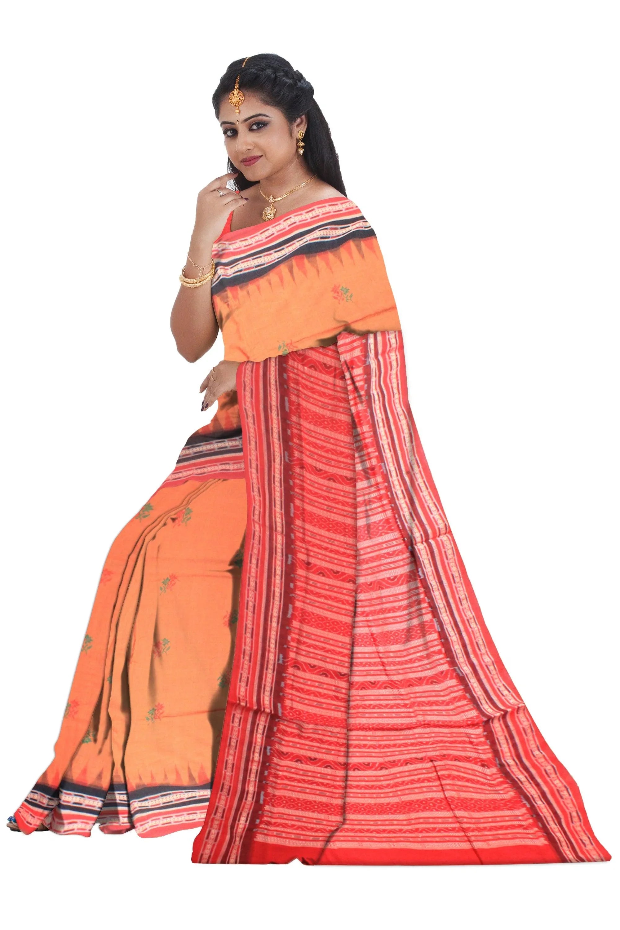 A sambalpuri cotton saree in light orange and red color base , with blouse piece. - Koshali Arts & Crafts Enterprise