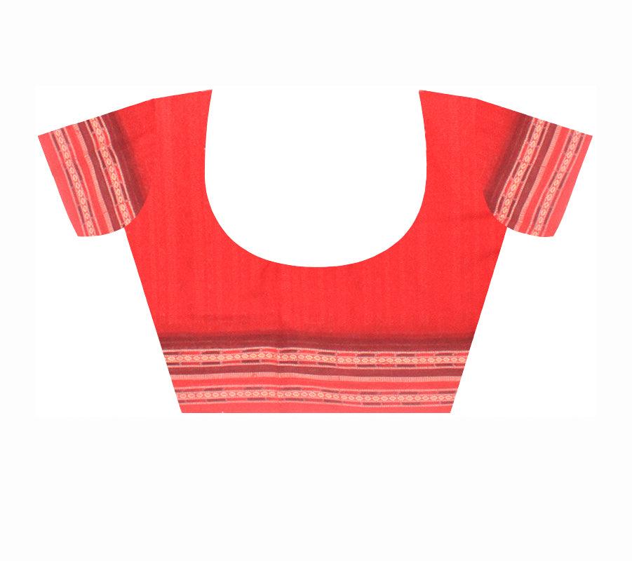 A sambalpuri cotton saree in light orange and red  color base , with blouse piece. - Koshali Arts & Crafts Enterprise