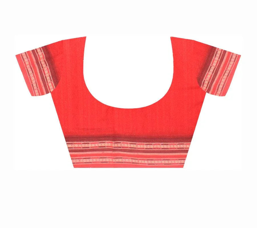 A sambalpuri cotton saree in light orange and red color base , with blouse piece. - Koshali Arts & Crafts Enterprise