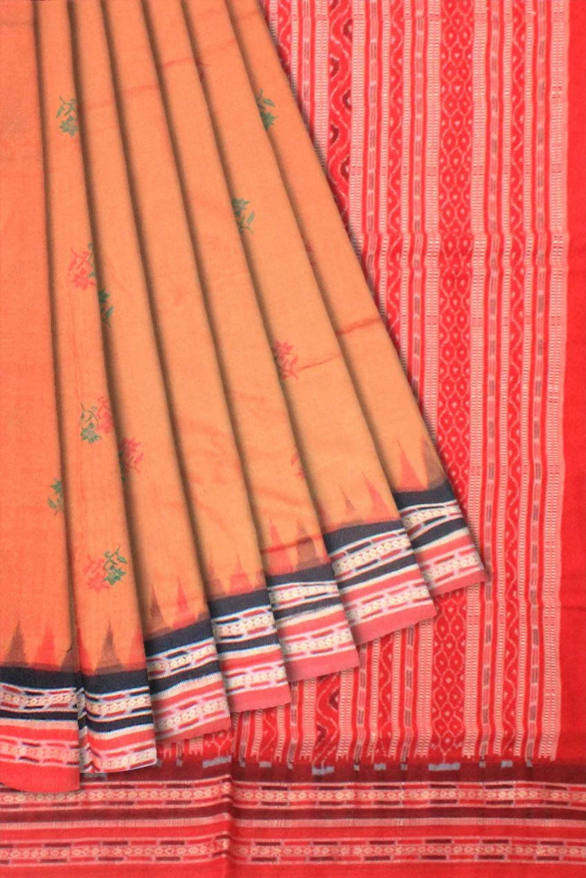 A sambalpuri cotton saree in light orange and red color base , with blouse piece. - Koshali Arts & Crafts Enterprise