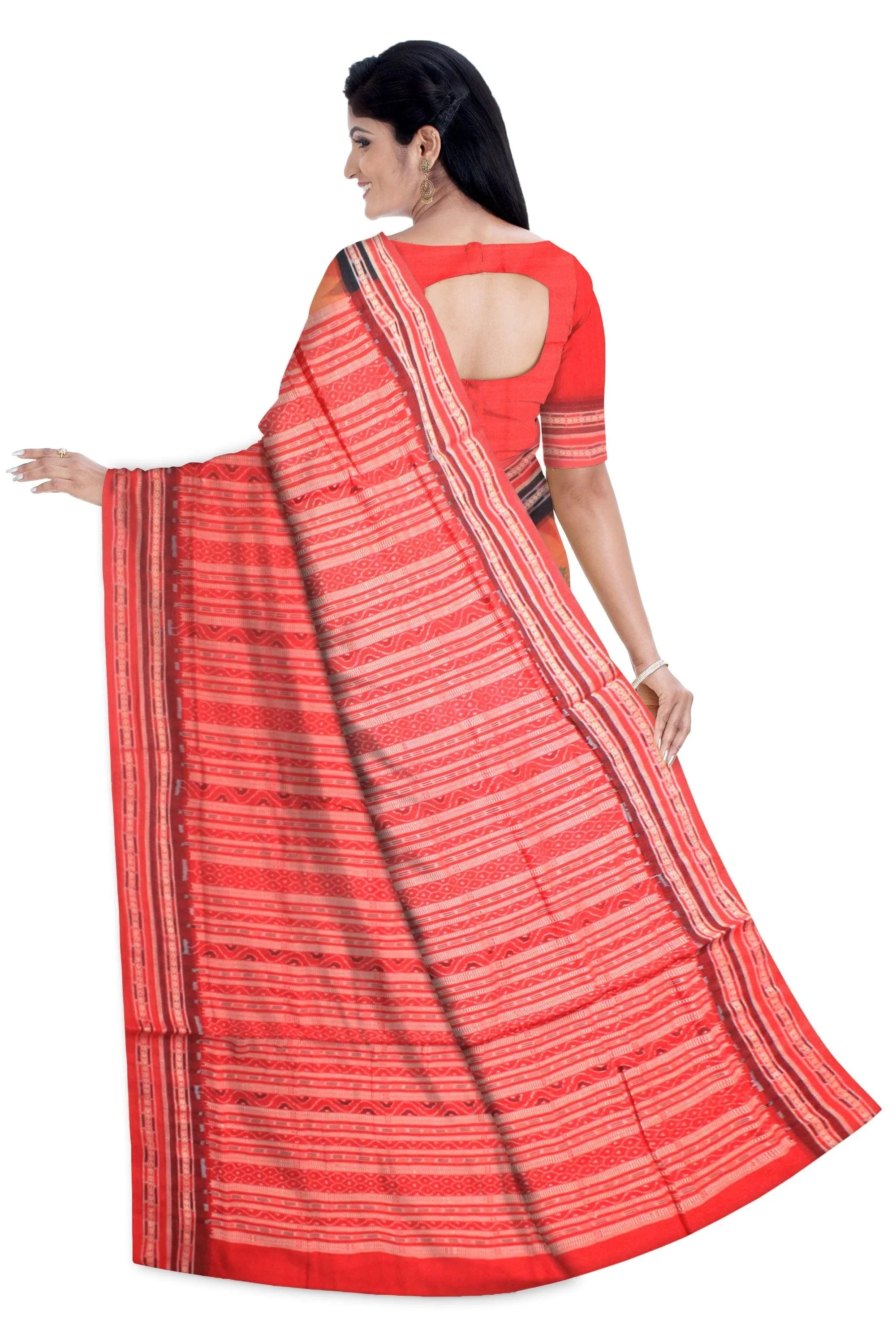 A sambalpuri cotton saree in light orange and red color base , with blouse piece. - Koshali Arts & Crafts Enterprise