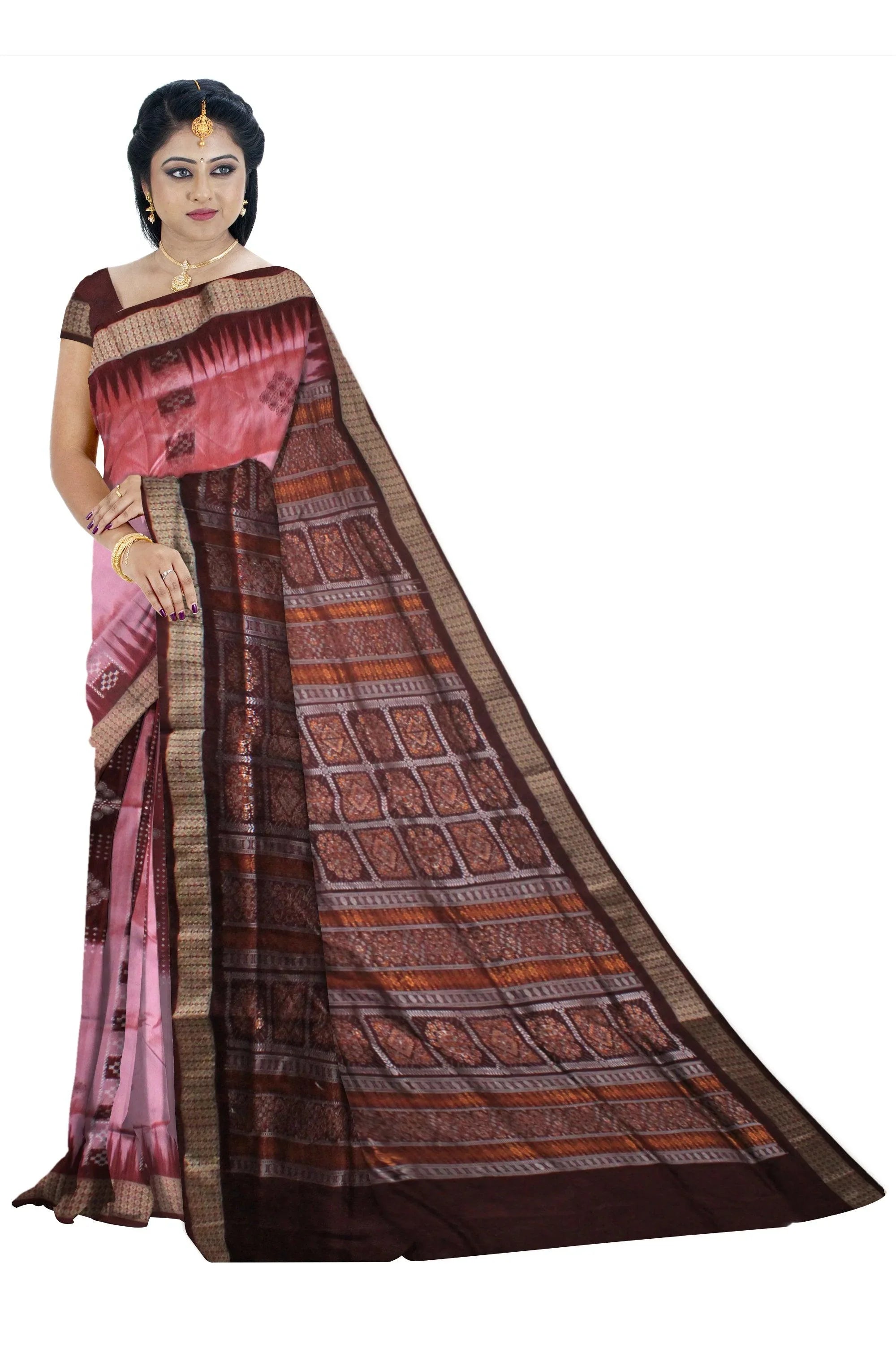pink and brown color sambalpuri pata, with blouse piece. - Koshali Arts & Crafts Enterprise
