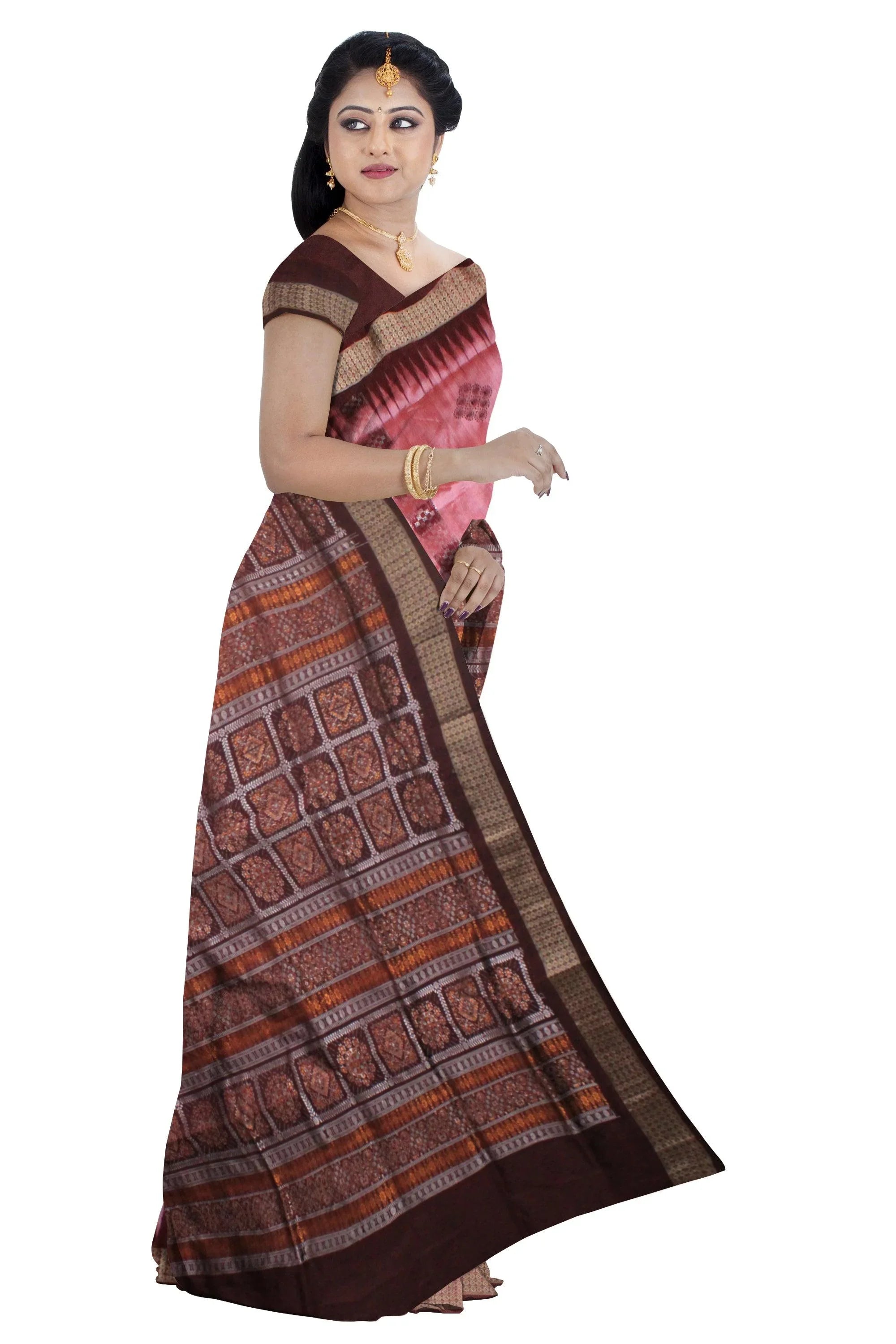 pink and brown color sambalpuri pata, with blouse piece. - Koshali Arts & Crafts Enterprise