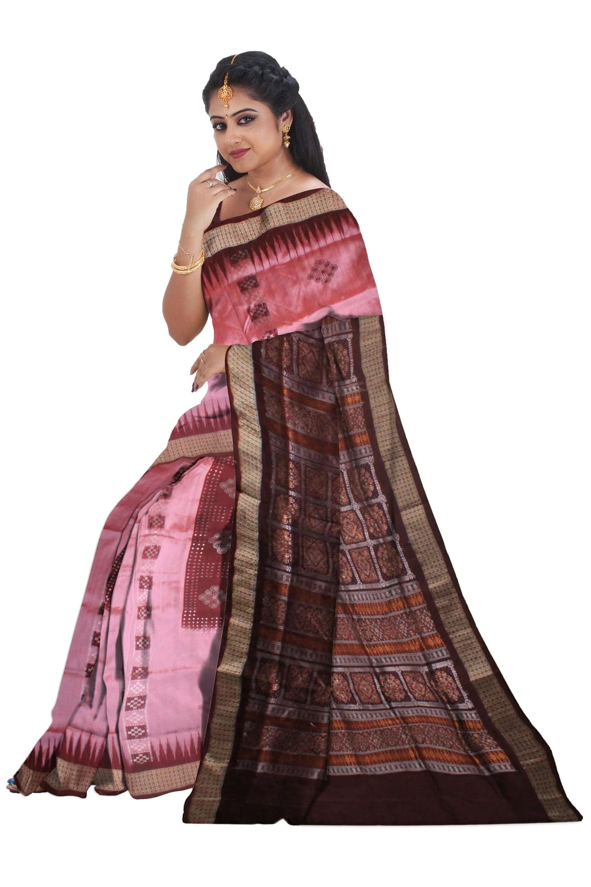 pink and brown color sambalpuri pata, with blouse piece. - Koshali Arts & Crafts Enterprise