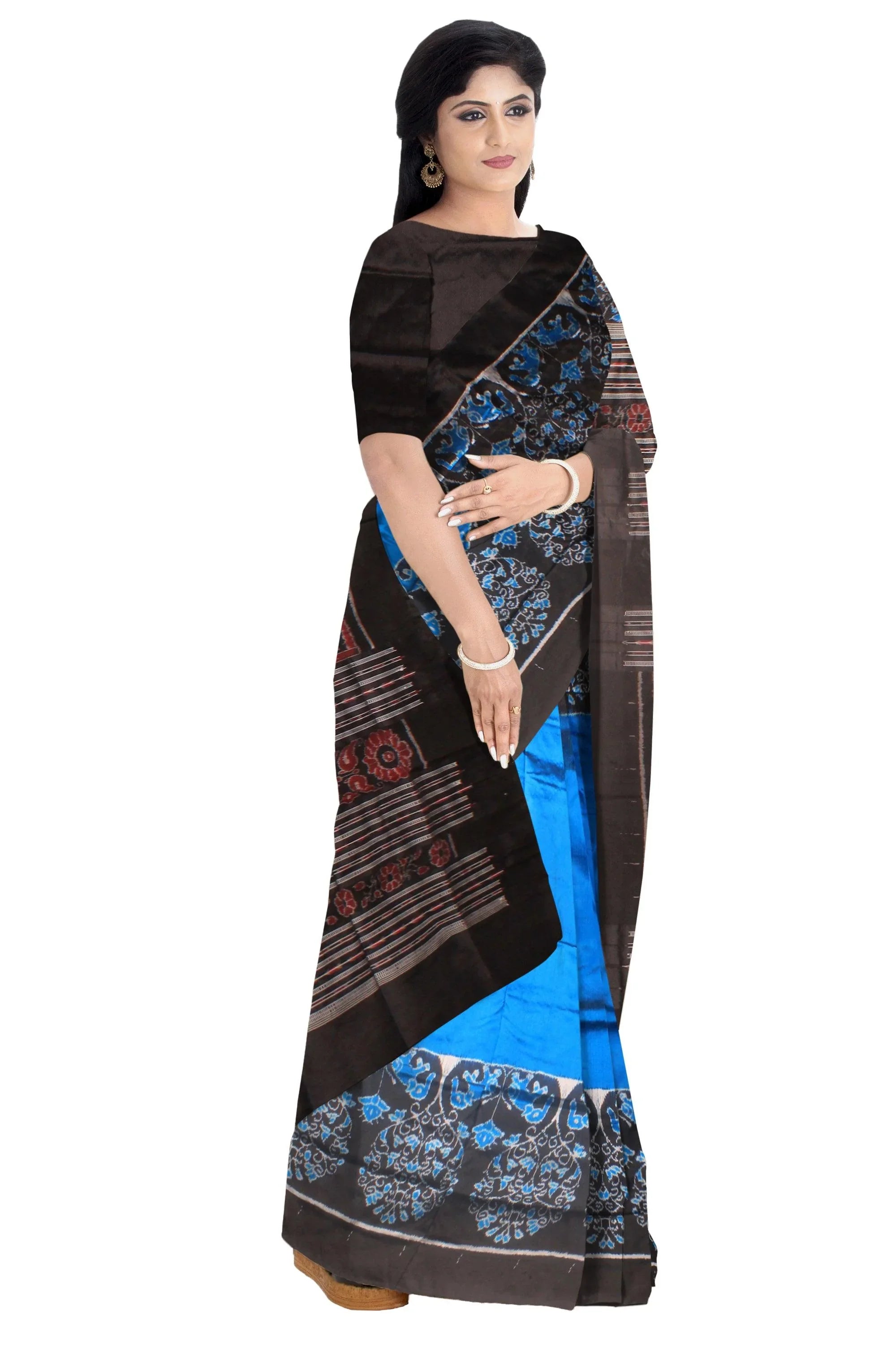 Mordern Look Copper Sulphate color pata saree, With Blouse piece - Koshali Arts & Crafts Enterprise