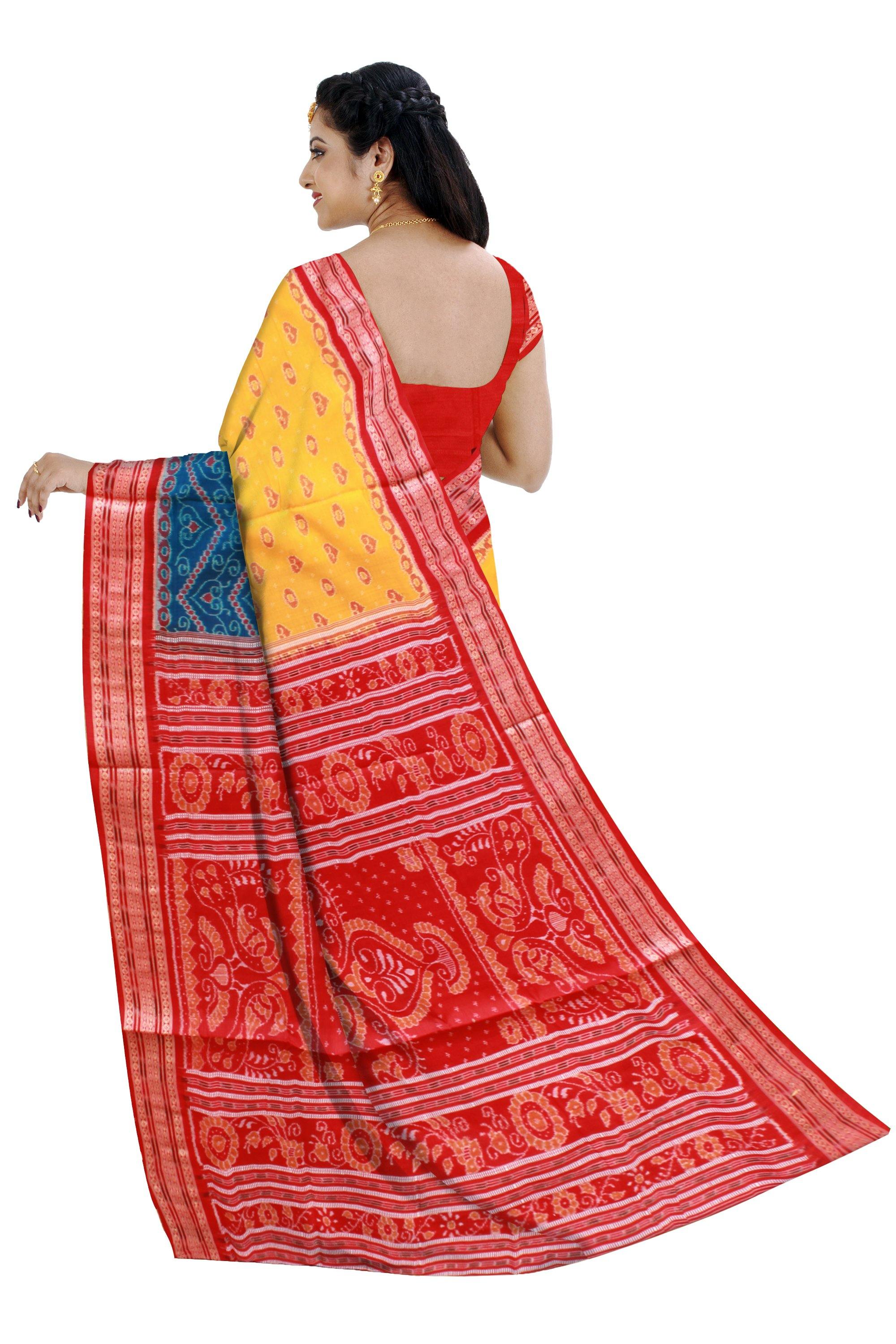 2D design Heart print Sambalpuri saree in Blue and yellow Color With blouse piece. - Koshali Arts & Crafts Enterprise