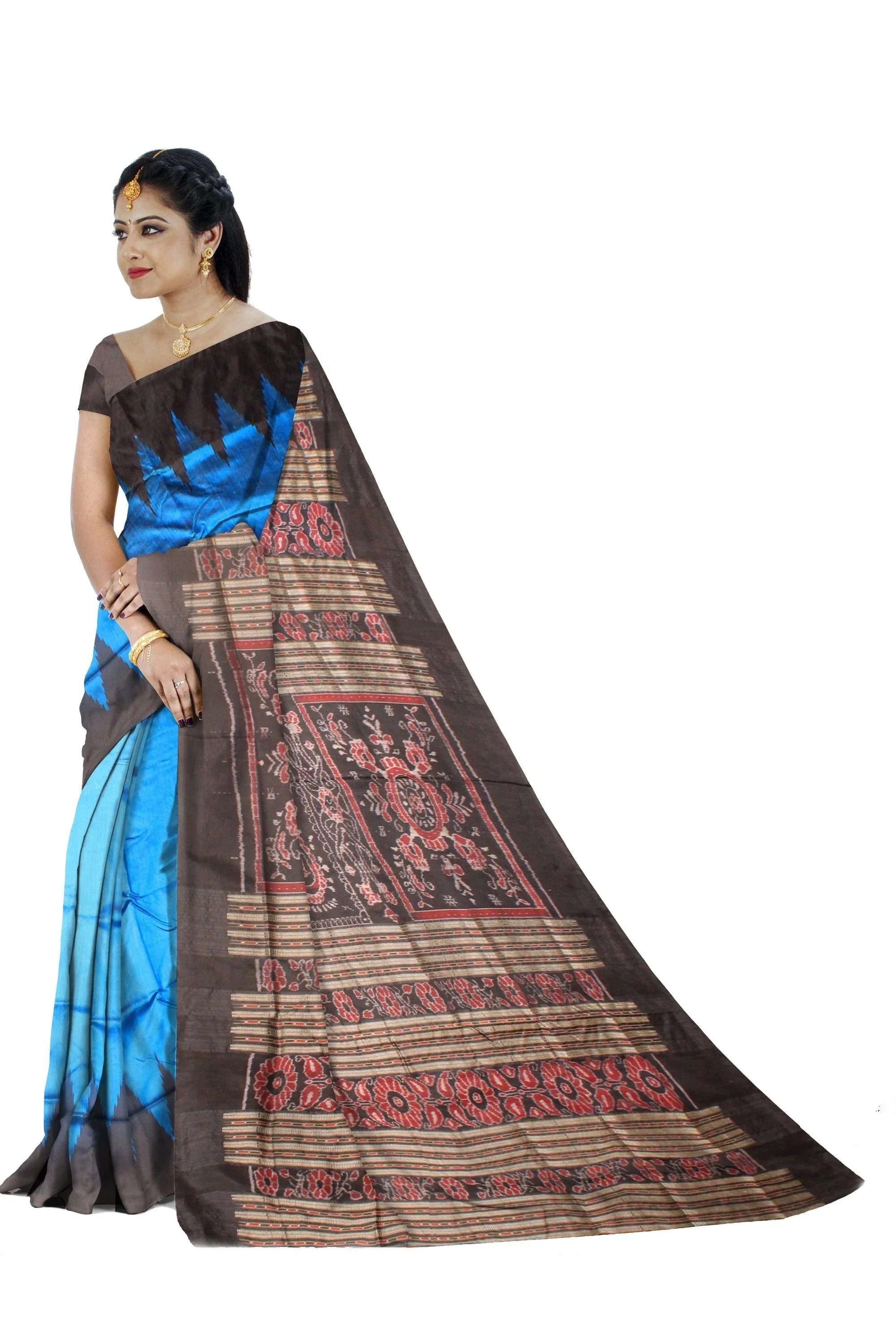 Blue hand woven Sambalpuri Pata Saree. - Koshali Arts & Crafts Enterprise