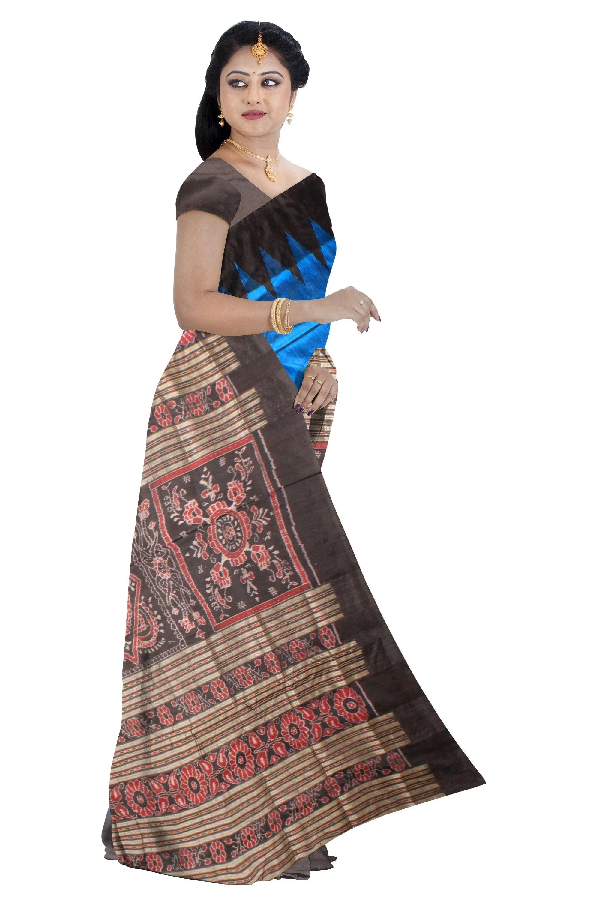 Blue hand woven Sambalpuri Pata Saree. - Koshali Arts & Crafts Enterprise