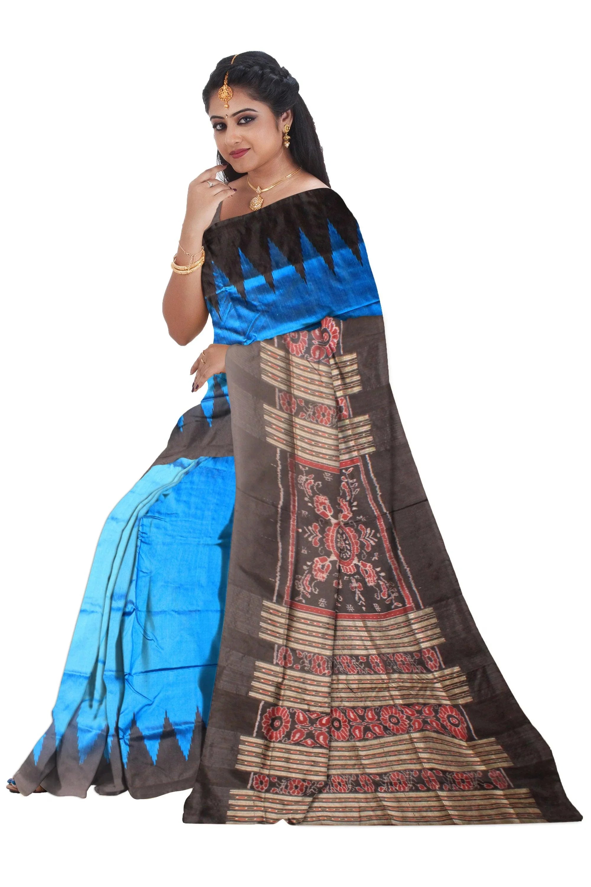 Blue hand woven Sambalpuri Pata Saree. - Koshali Arts & Crafts Enterprise