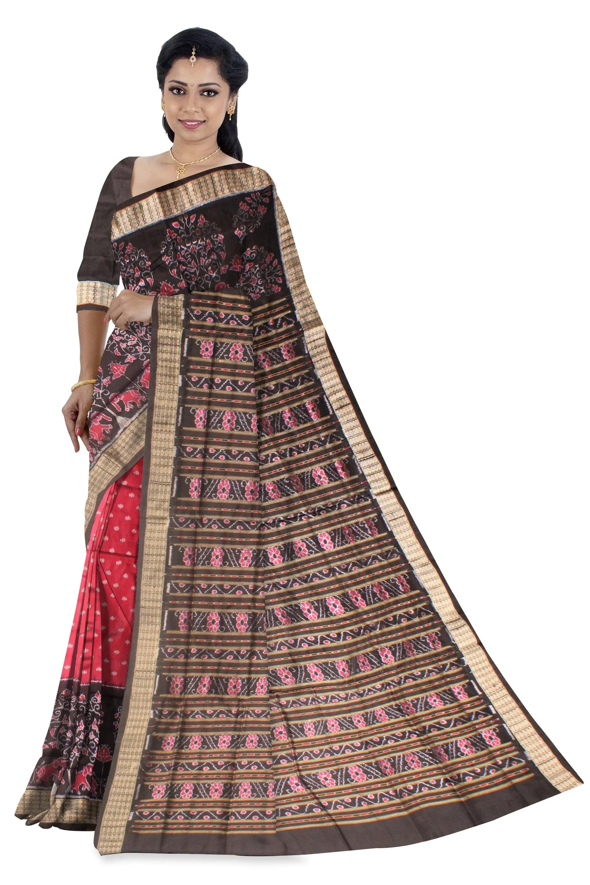 Pink and Black color with tree and Elephant in the border pata saree with blouse piece - Koshali Arts & Crafts Enterprise