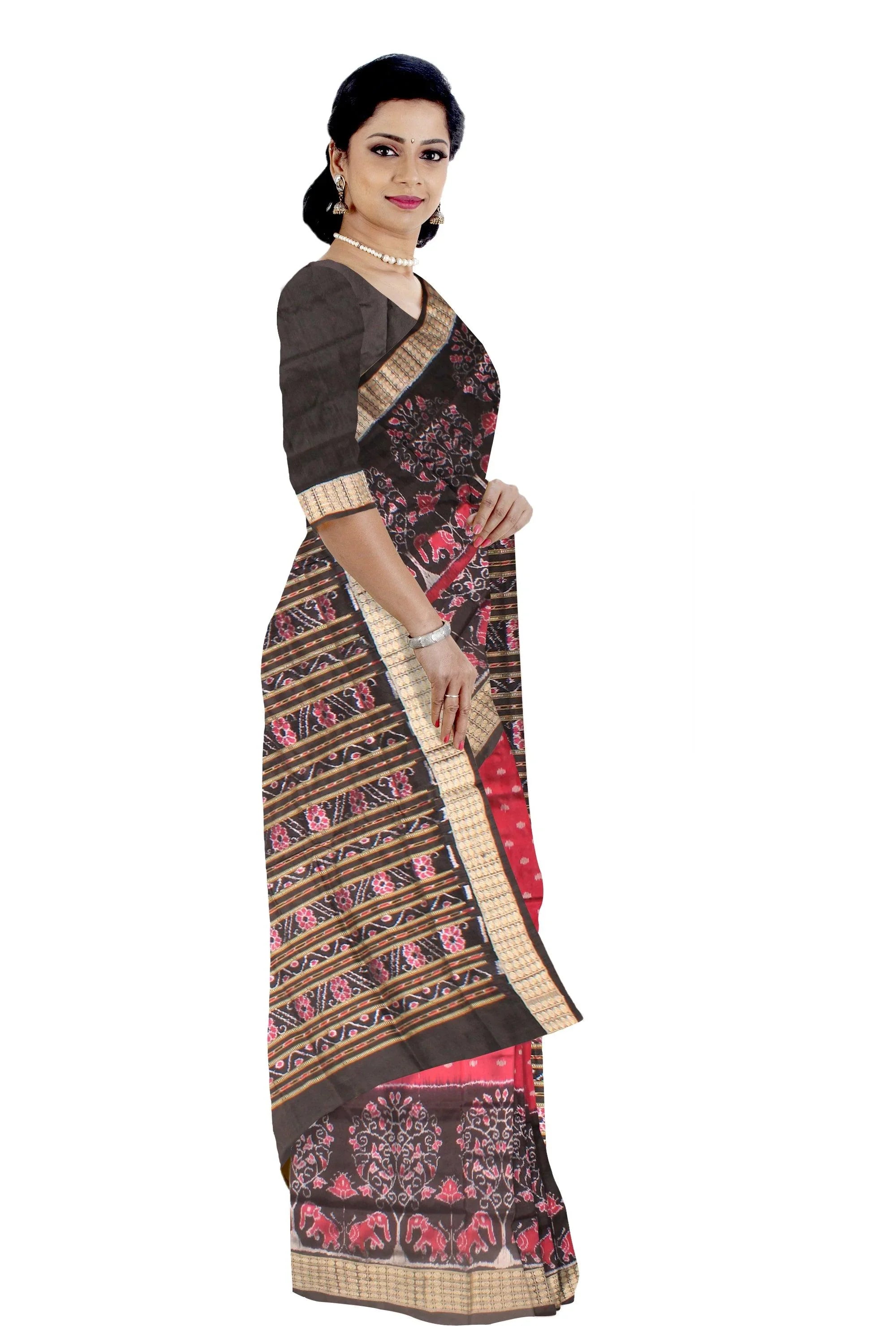 Pink and Black color with tree and Elephant in the border pata saree with blouse piece - Koshali Arts & Crafts Enterprise