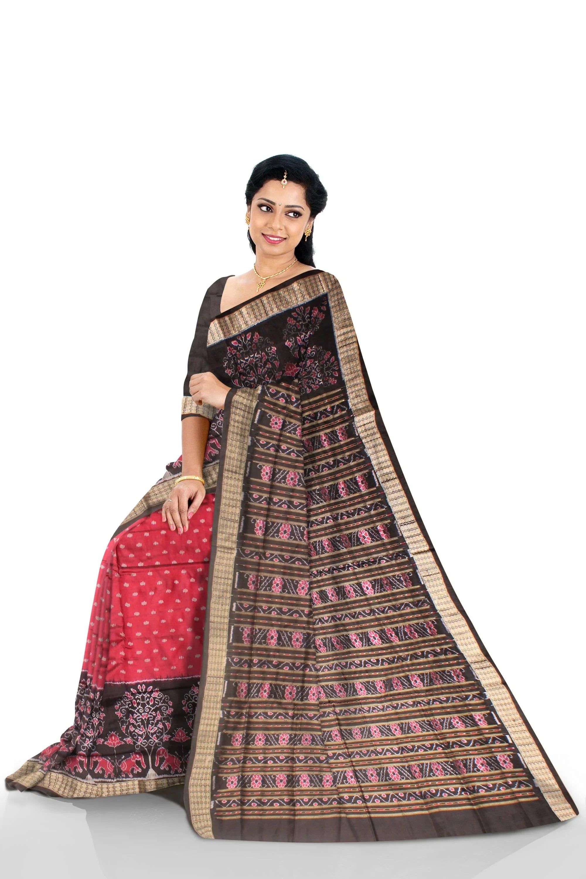 Pink and Black color with tree and Elephant in the border pata saree with blouse piece - Koshali Arts & Crafts Enterprise