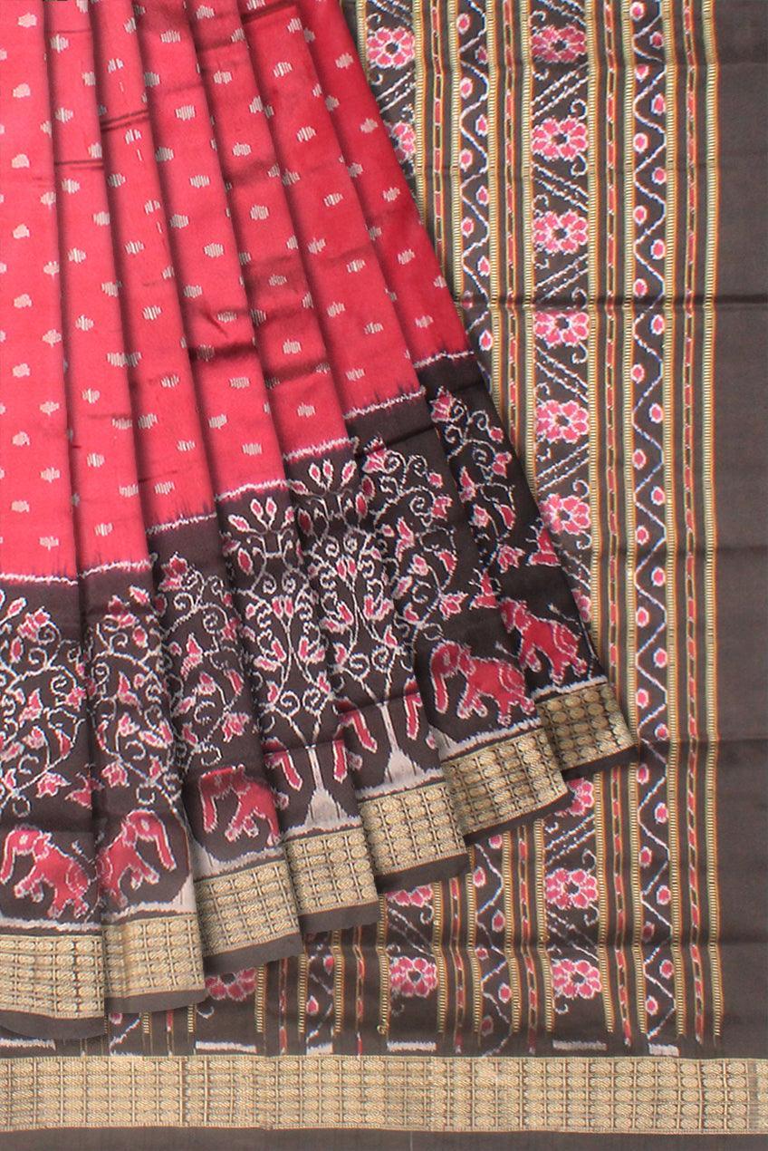 Pink and Black color with tree and Elephant in the border pata saree with blouse piece - Koshali Arts & Crafts Enterprise