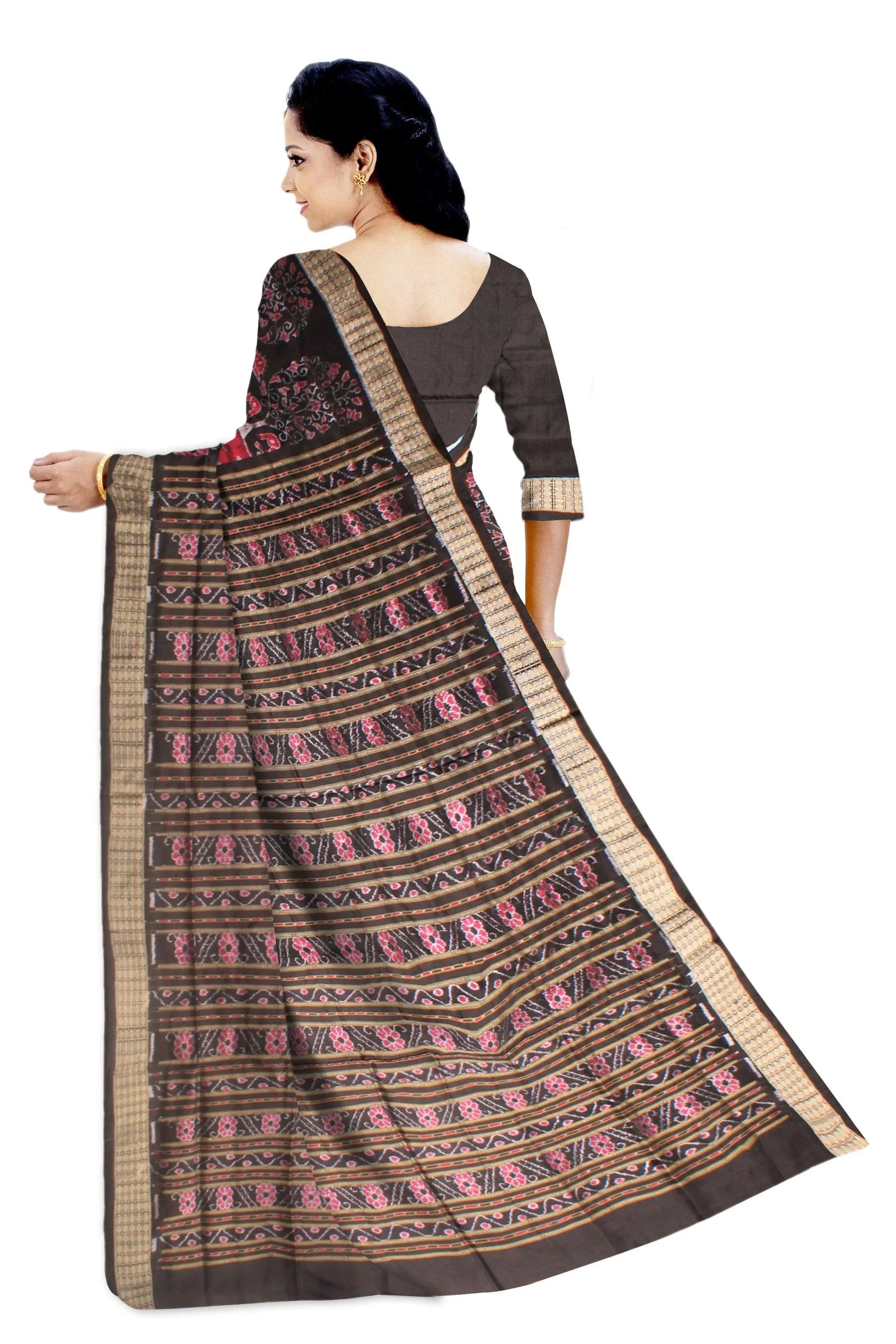Pink and Black color with tree and Elephant in the border pata saree with blouse piece - Koshali Arts & Crafts Enterprise