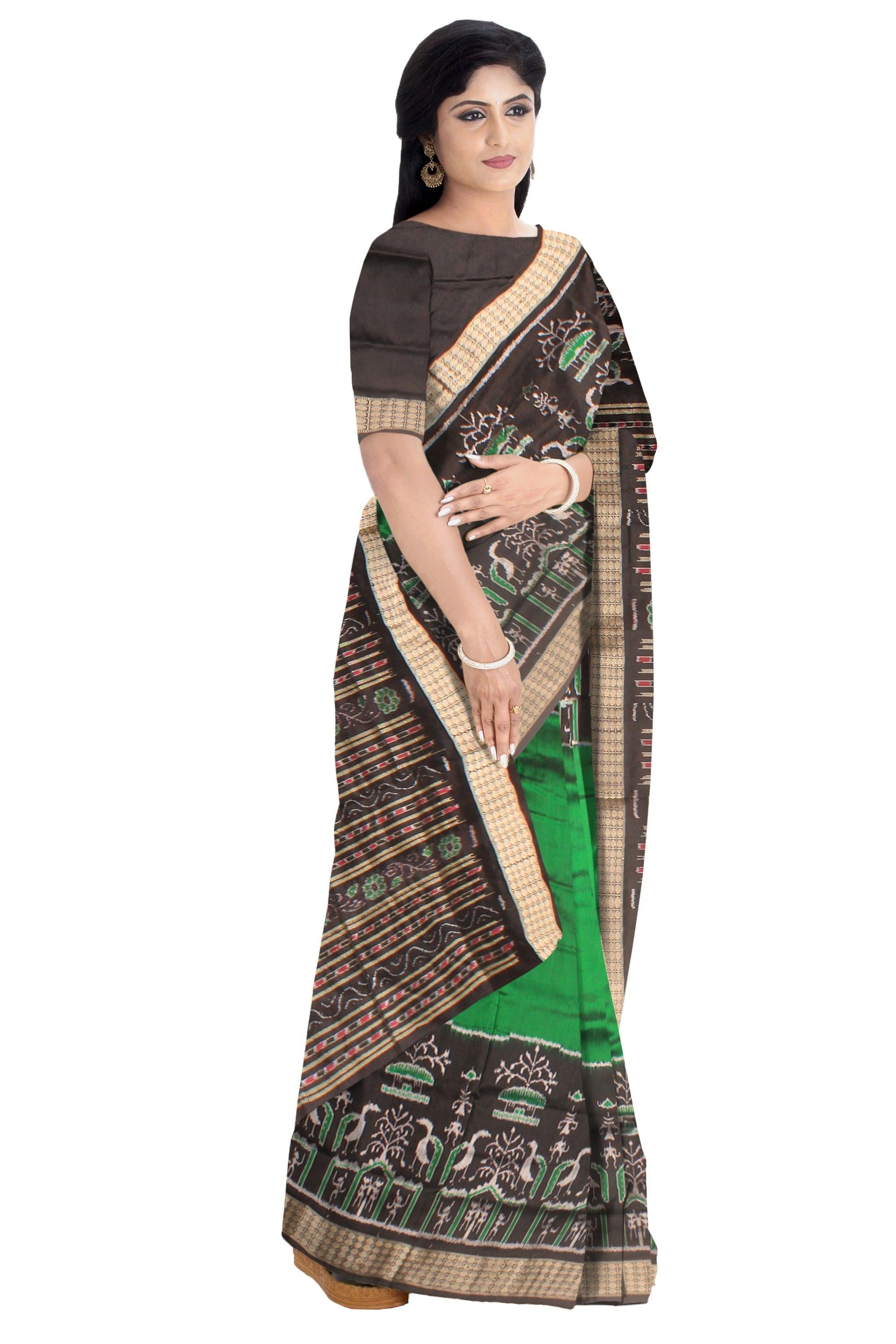 GREEN AND BLACK HAND WOVEN PATA SAREE WITH BLOUSE - Koshali Arts & Crafts Enterprise