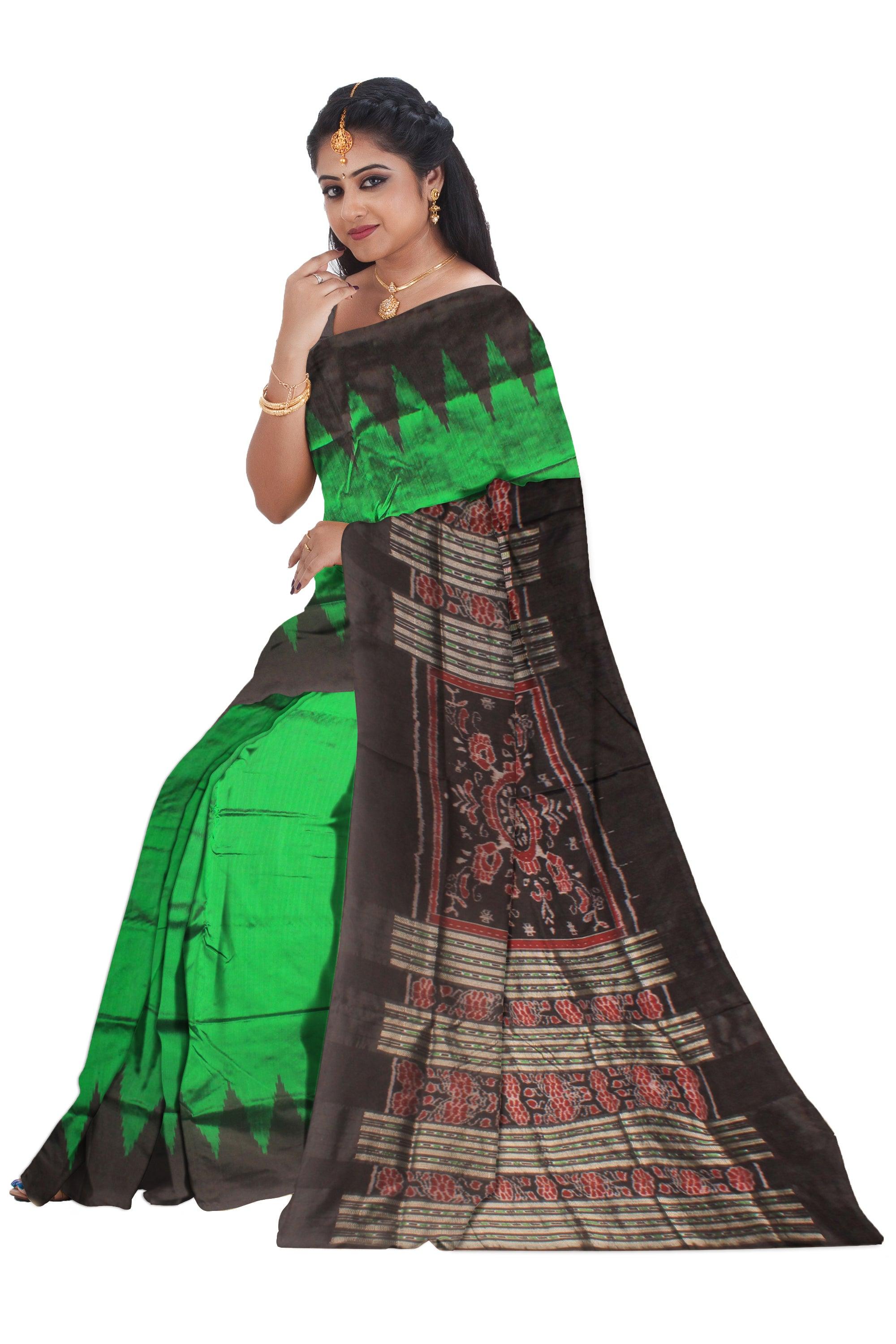 A plain design pata saree in Green colour with blouse piece. - Koshali Arts & Crafts Enterprise