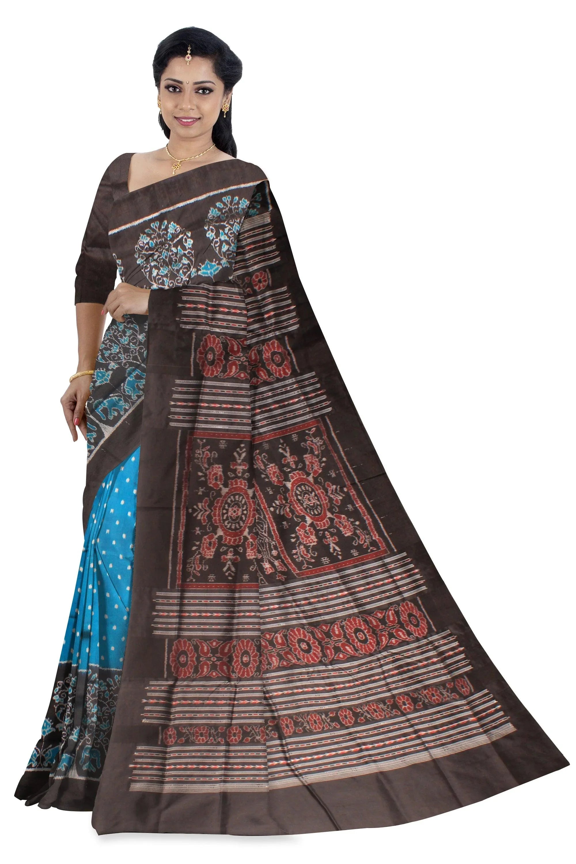 Latest design Copper Sulphate and Black colour Sambalpuri Pata saree with blouse piece. - Koshali Arts & Crafts Enterprise