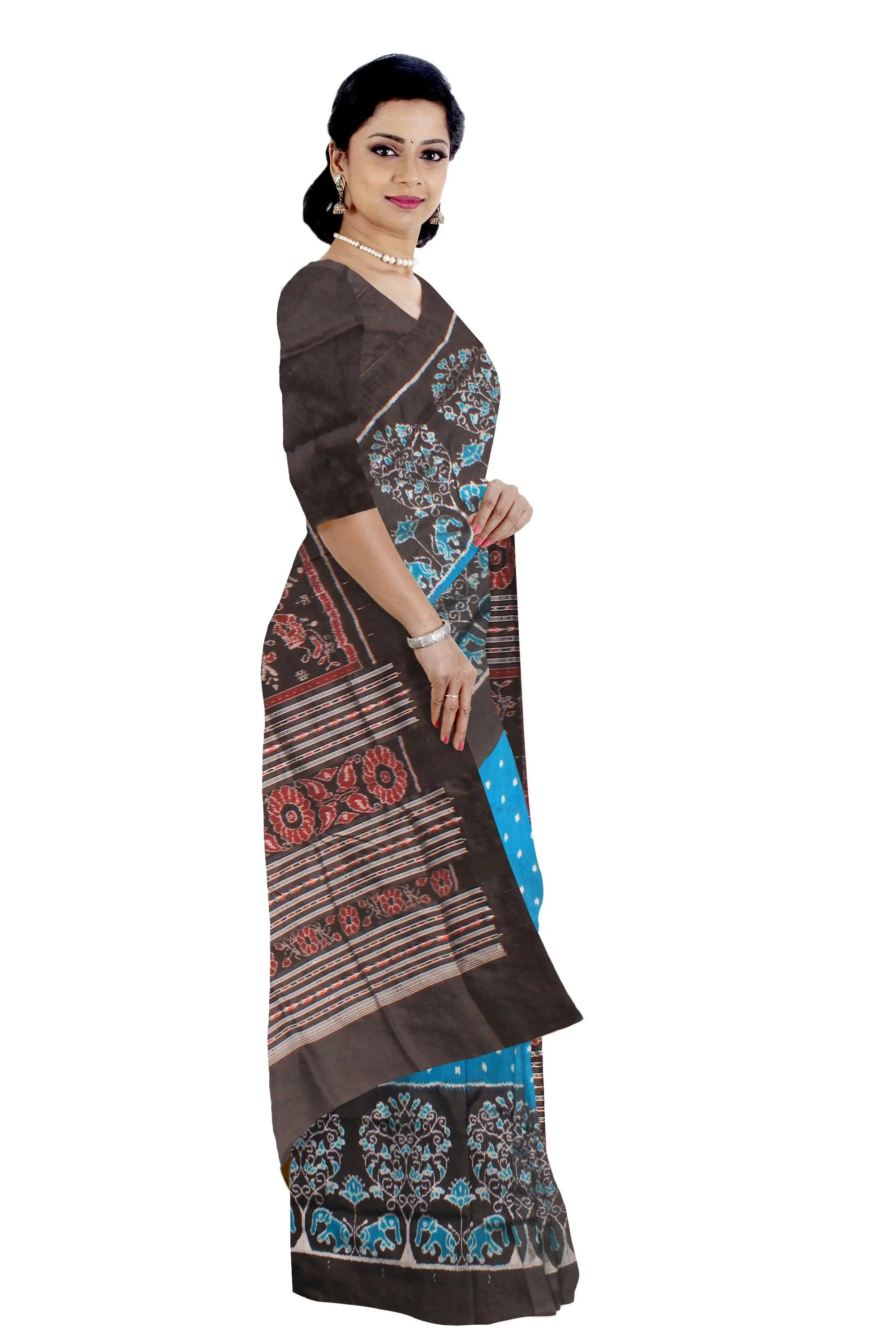 Latest design Copper Sulphate and Black colour Sambalpuri Pata saree with blouse piece. - Koshali Arts & Crafts Enterprise