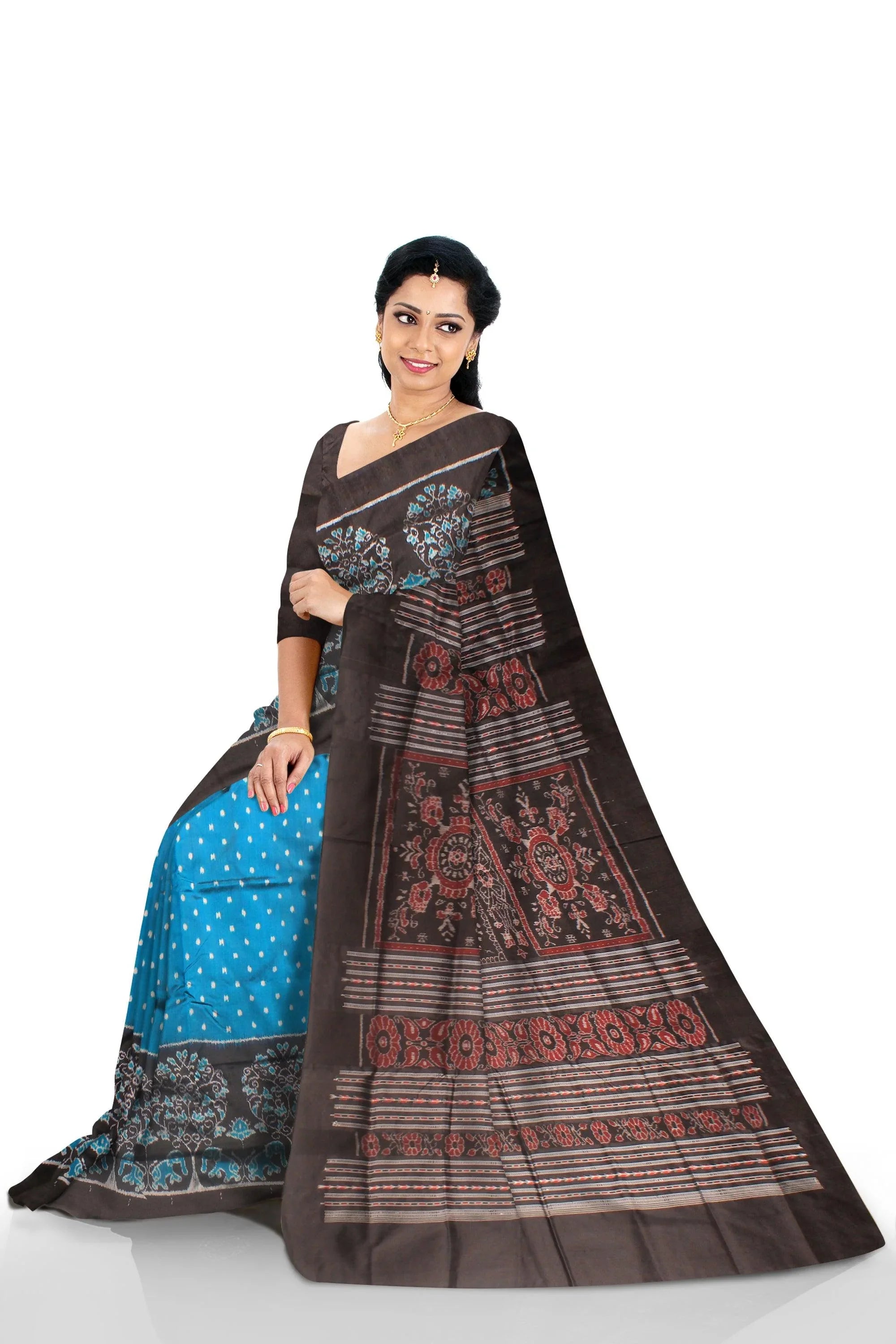 Latest design Copper Sulphate and Black colour Sambalpuri Pata saree with blouse piece. - Koshali Arts & Crafts Enterprise