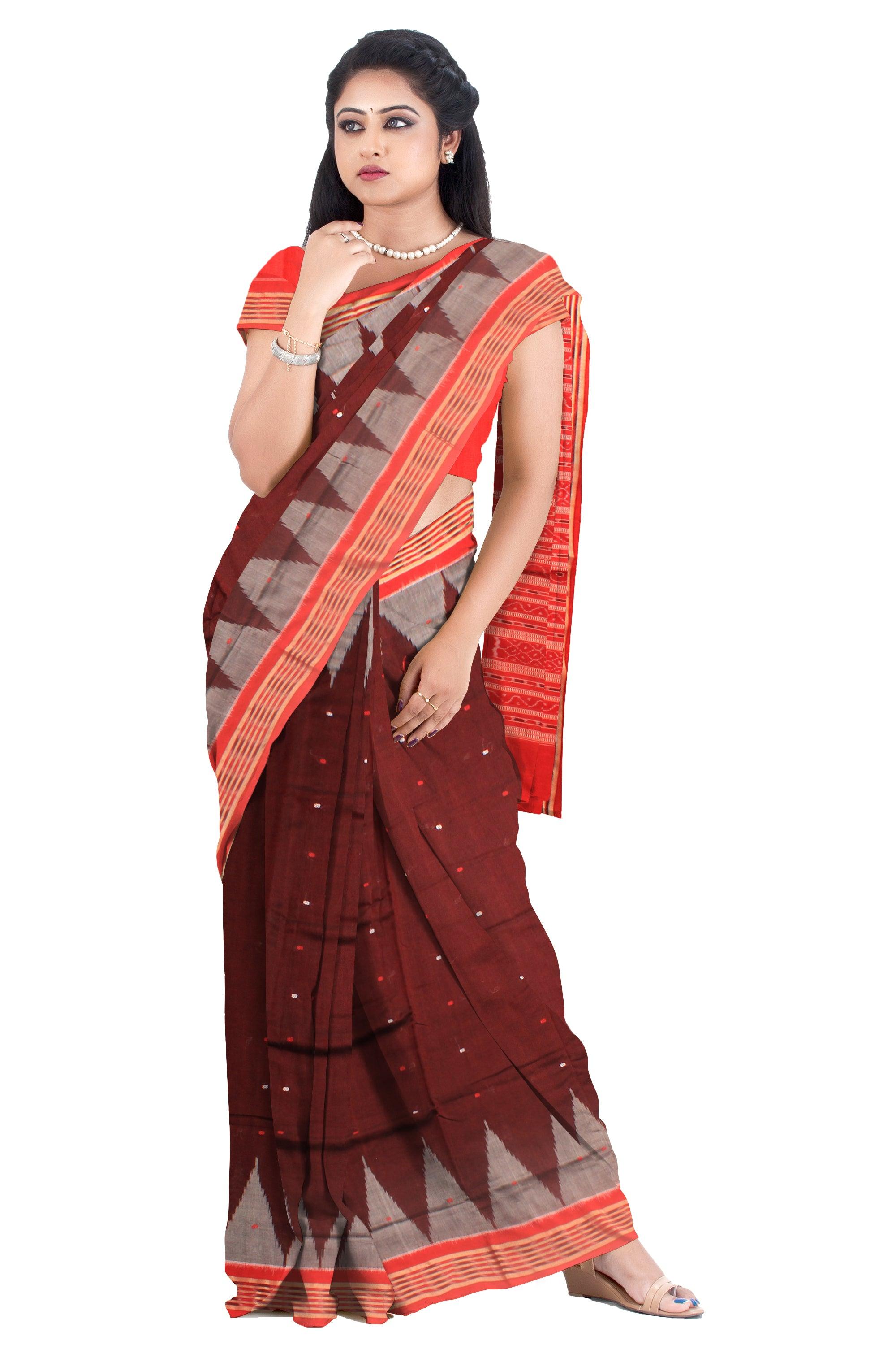 Coffee color Sambalpuri cotton saree in booty design, with blouse piece. - Koshali Arts & Crafts Enterprise