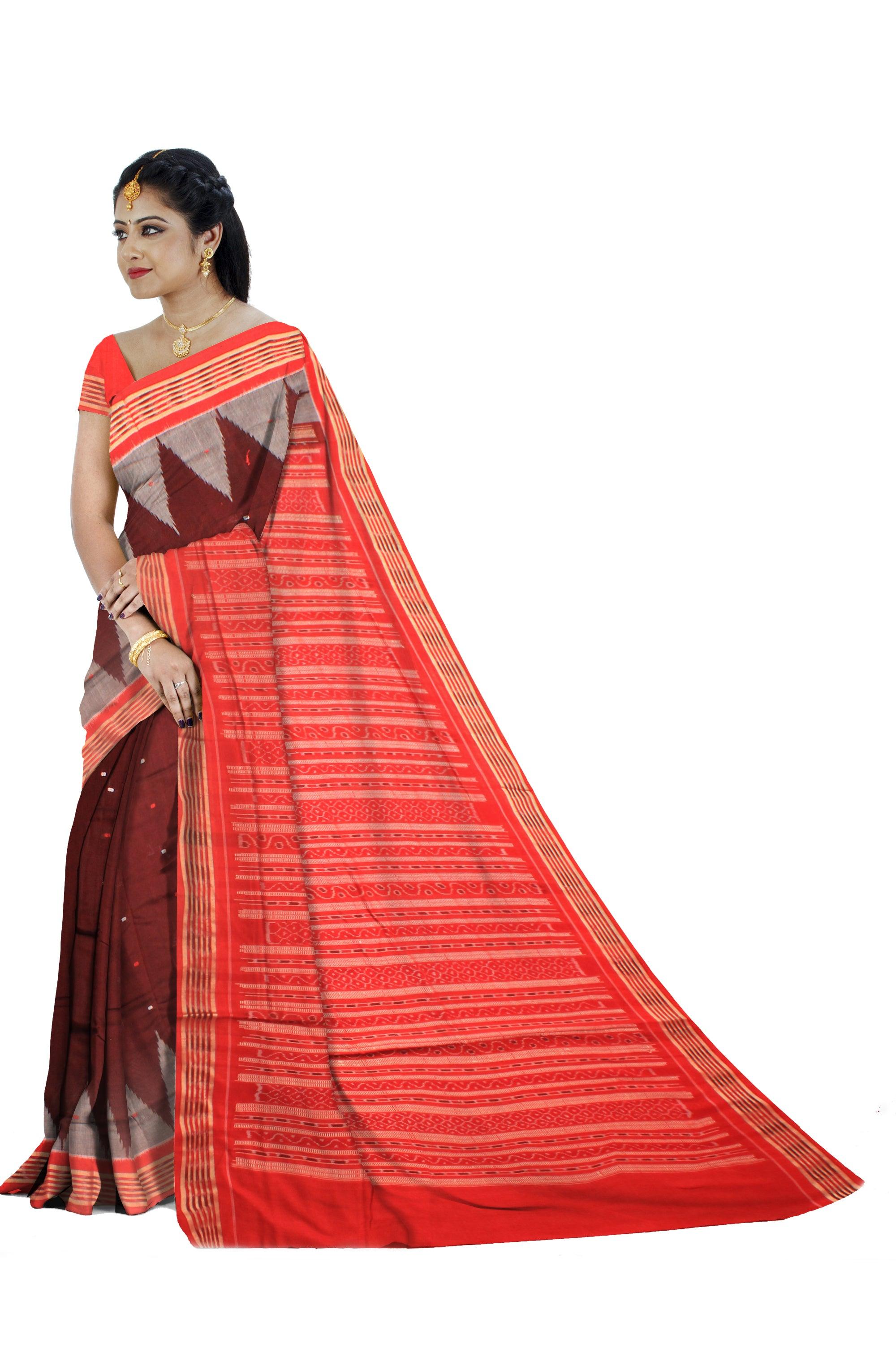 Coffee color Sambalpuri cotton saree in booty design, with blouse piece. - Koshali Arts & Crafts Enterprise