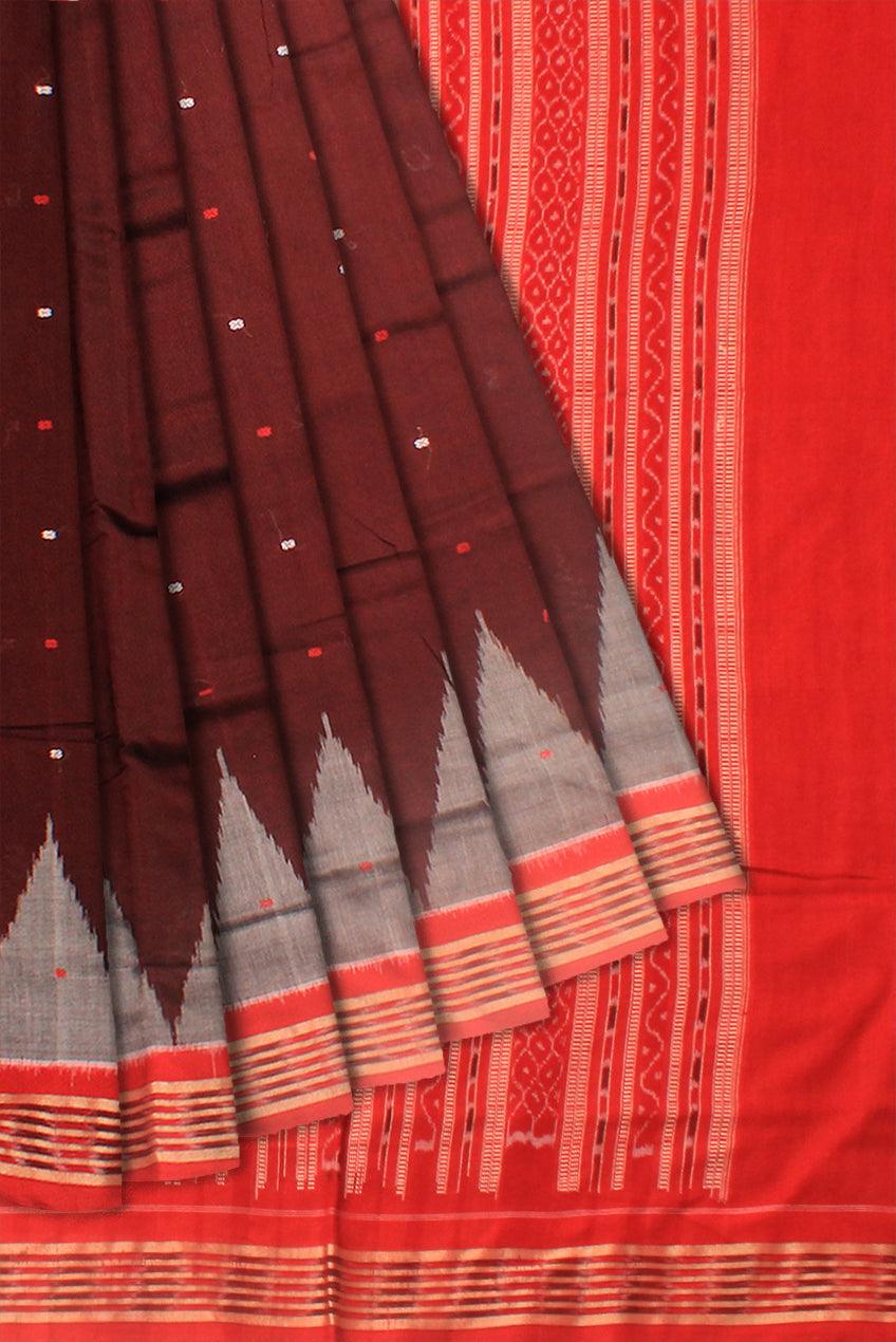 Coffee color Sambalpuri cotton saree in booty design, with blouse piece. - Koshali Arts & Crafts Enterprise