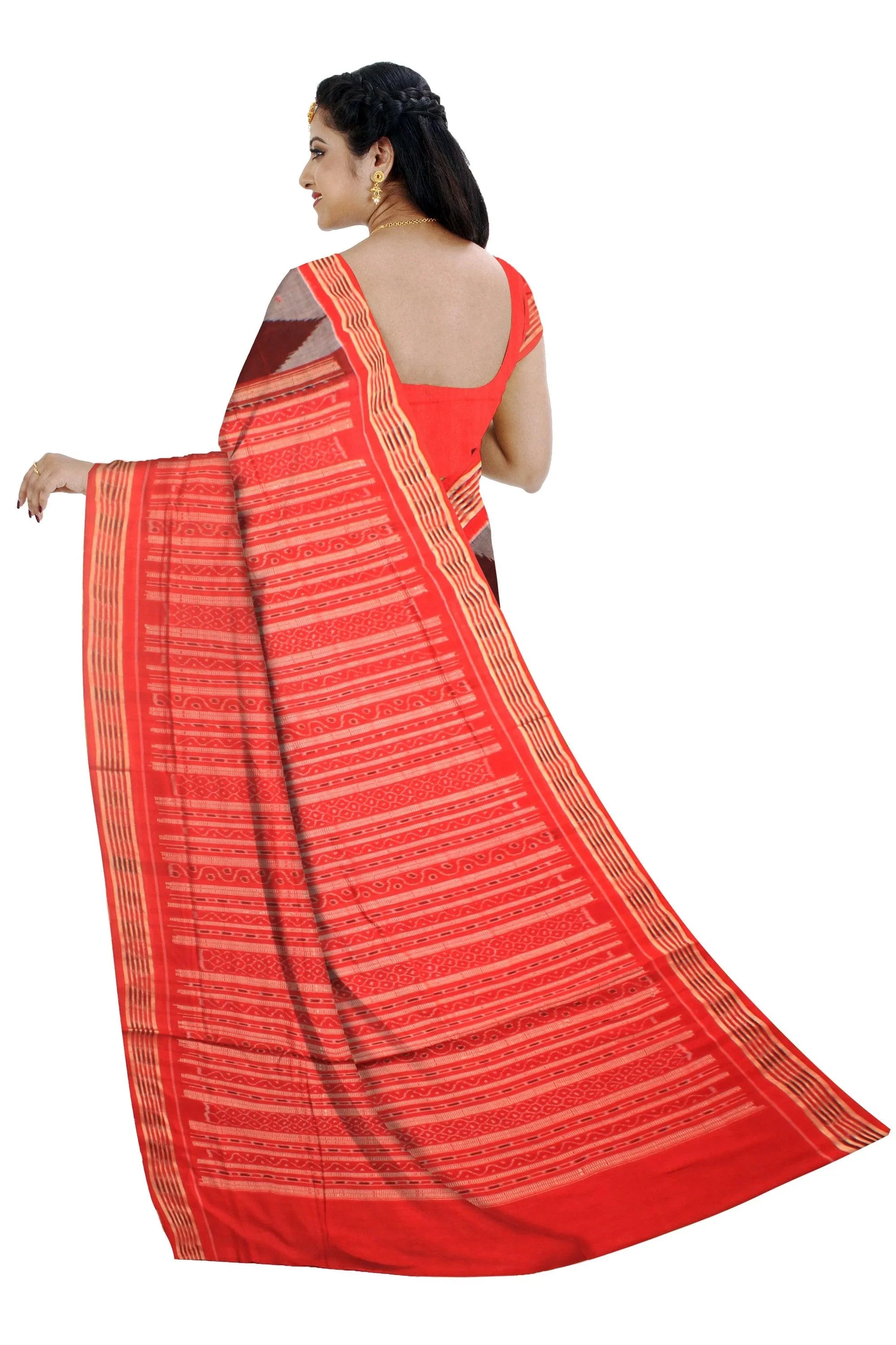 Coffee color Sambalpuri cotton saree in booty design, with blouse piece. - Koshali Arts & Crafts Enterprise