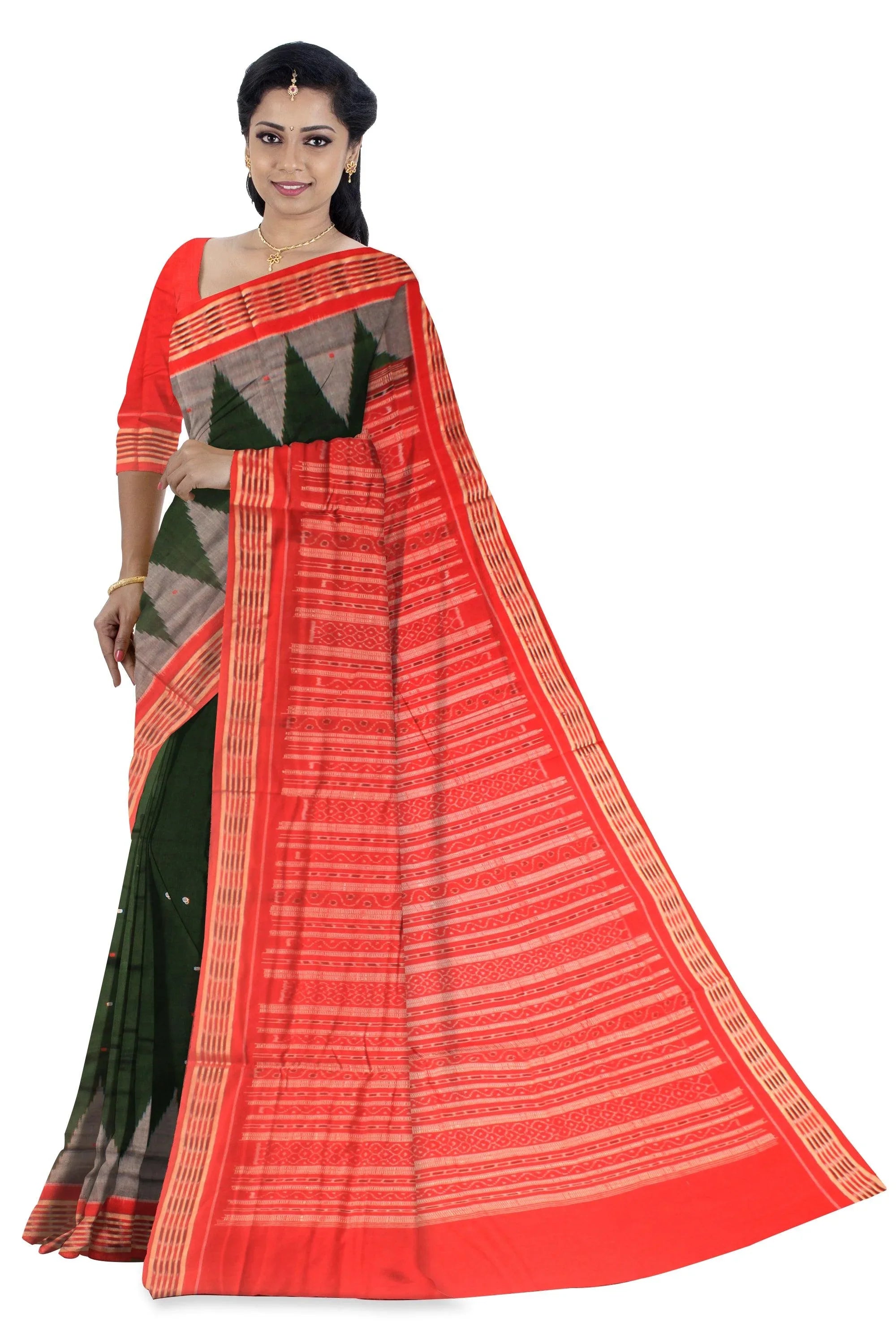 Dark Green Color Sambalpuri Cotton Saree with blouse piece. - Koshali Arts & Crafts Enterprise