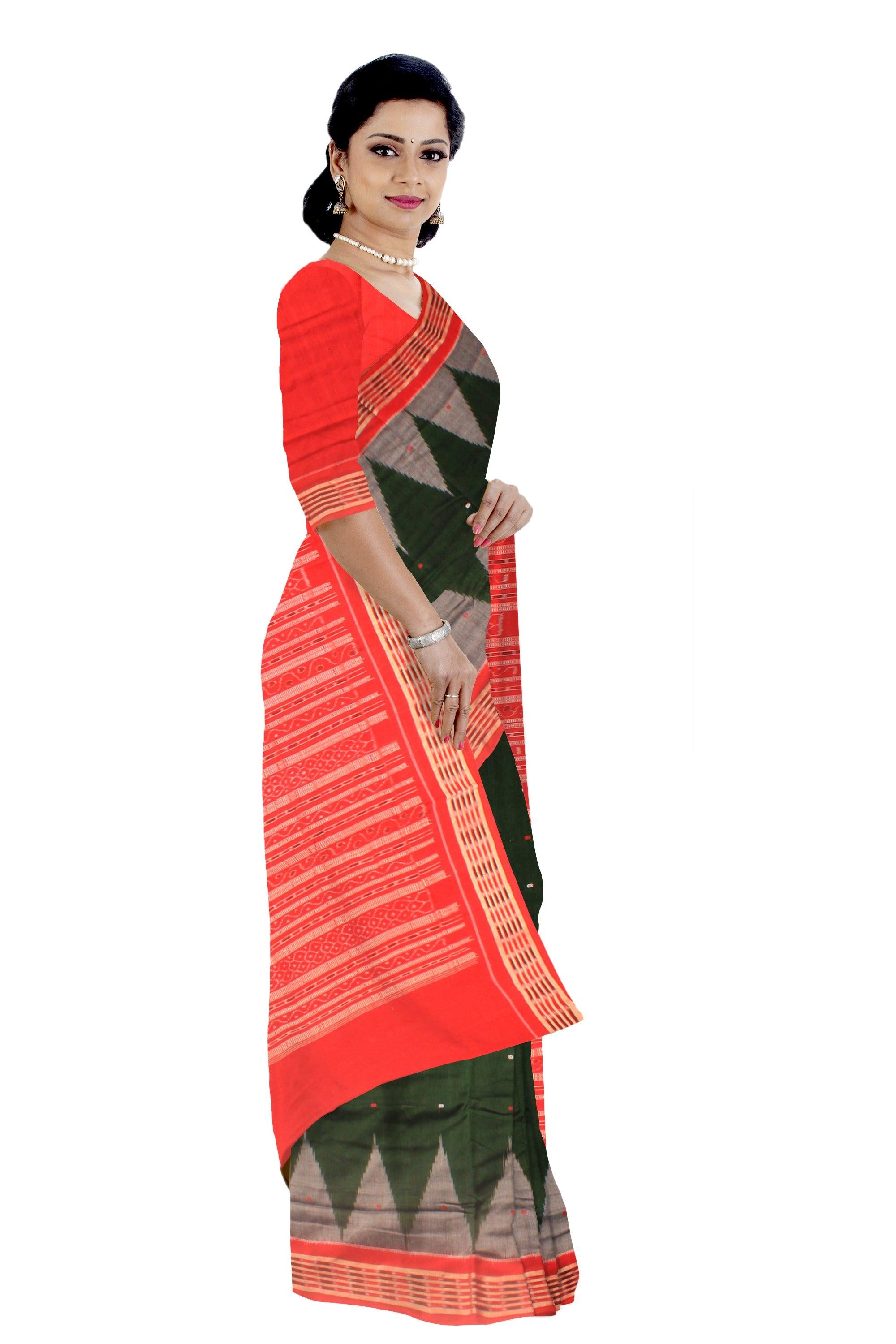 Dark Green Color Sambalpuri Cotton Saree with blouse piece. - Koshali Arts & Crafts Enterprise