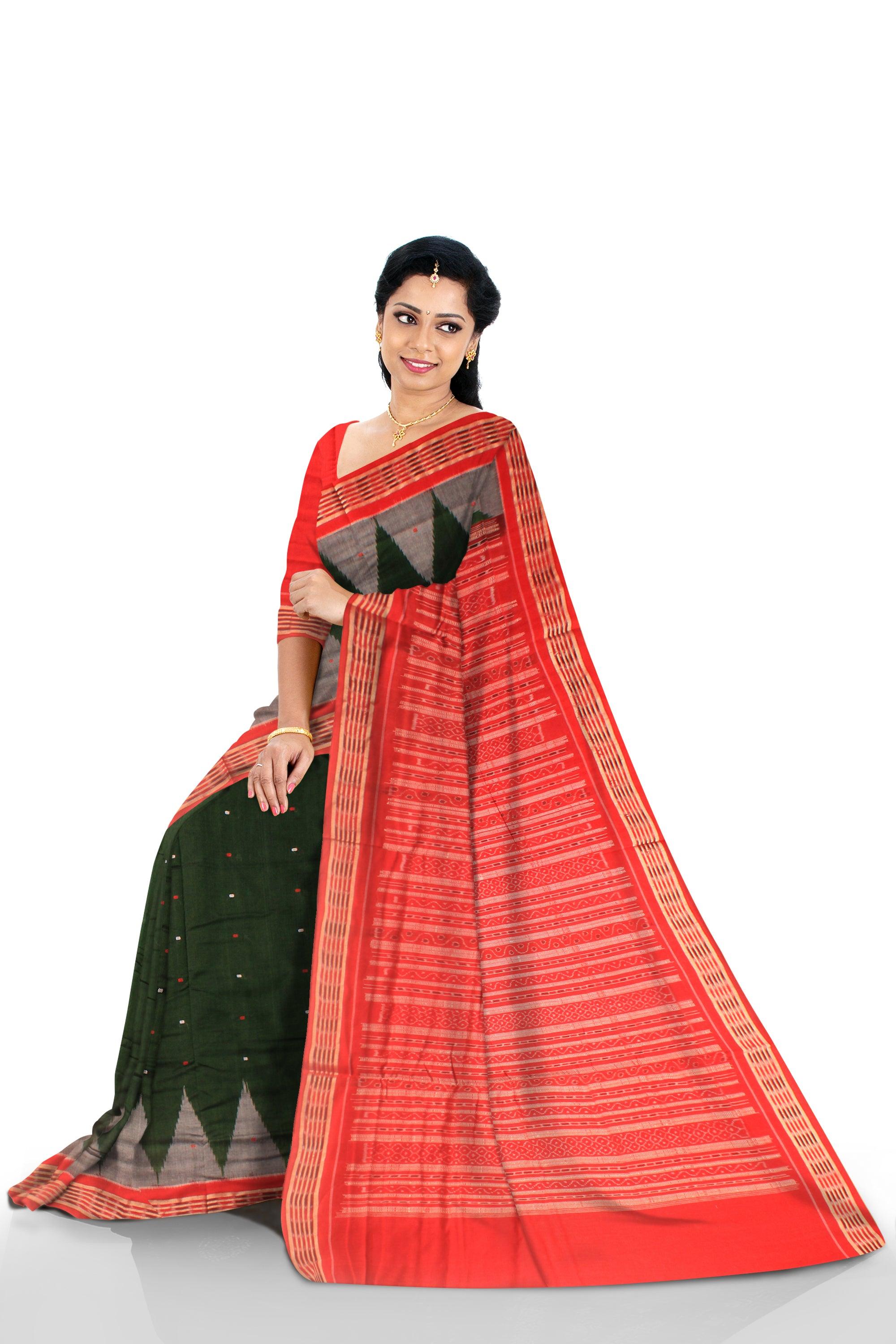 Dark Green Color Sambalpuri Cotton Saree with blouse piece. - Koshali Arts & Crafts Enterprise