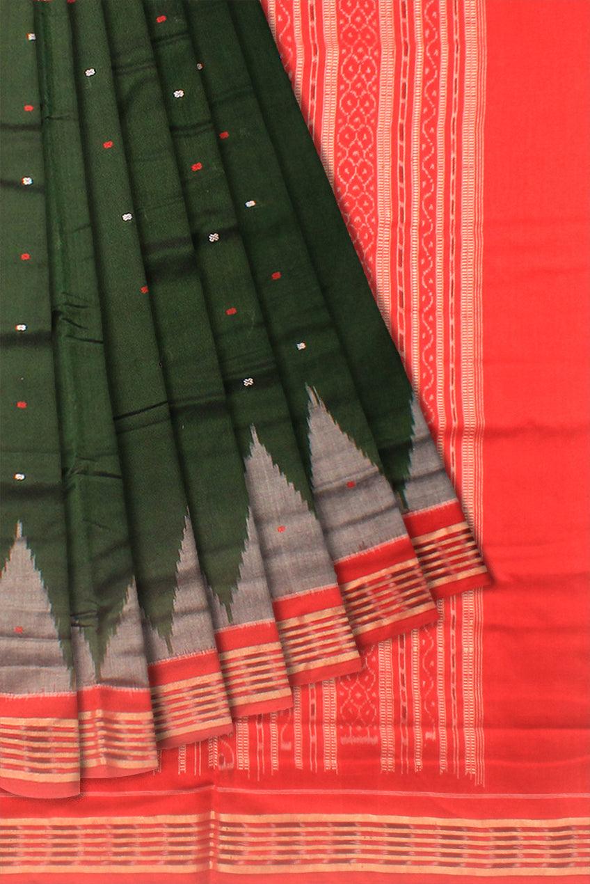 Dark Green Color Sambalpuri Cotton Saree with blouse piece. - Koshali Arts & Crafts Enterprise