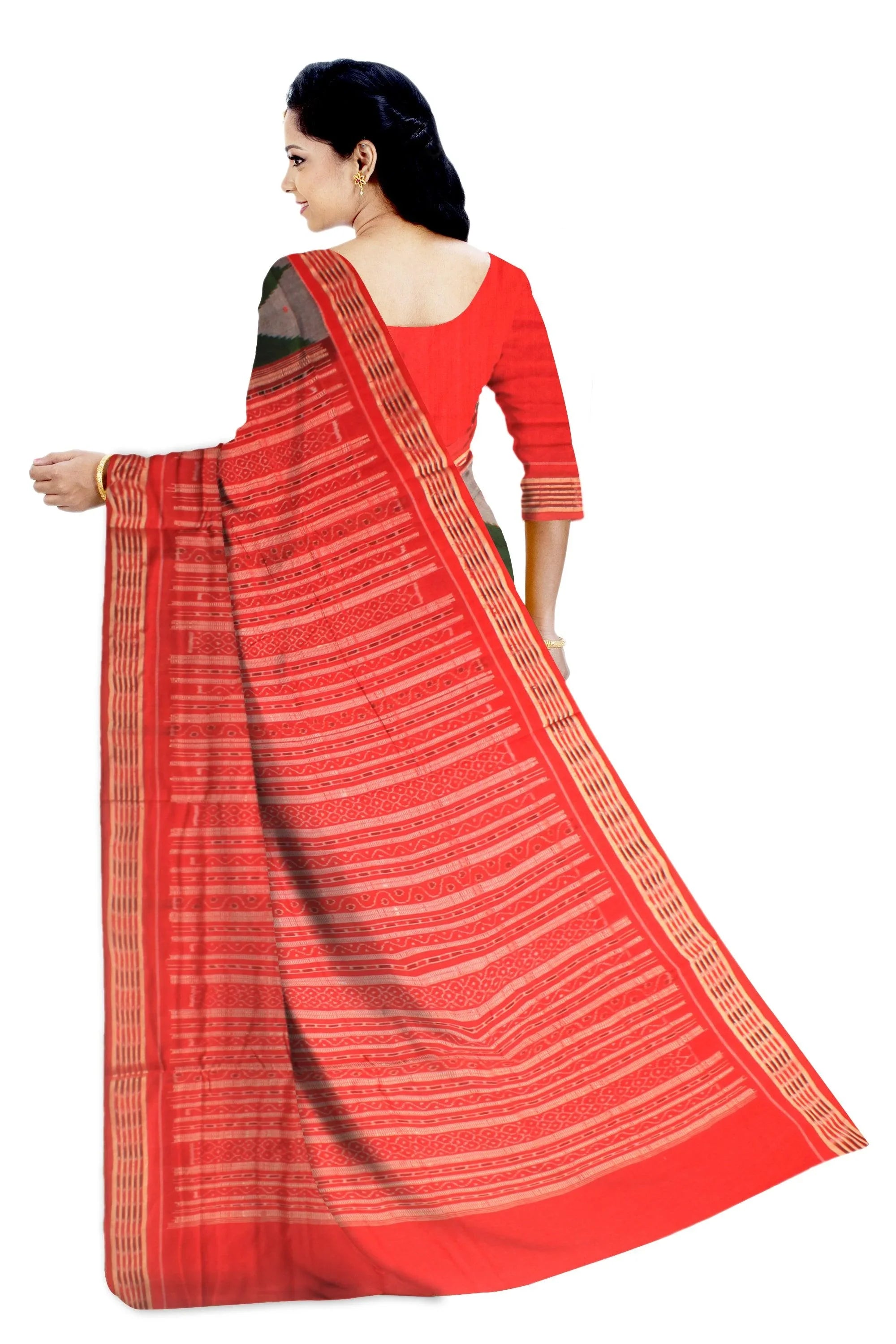 Dark Green Color Sambalpuri Cotton Saree with blouse piece. - Koshali Arts & Crafts Enterprise
