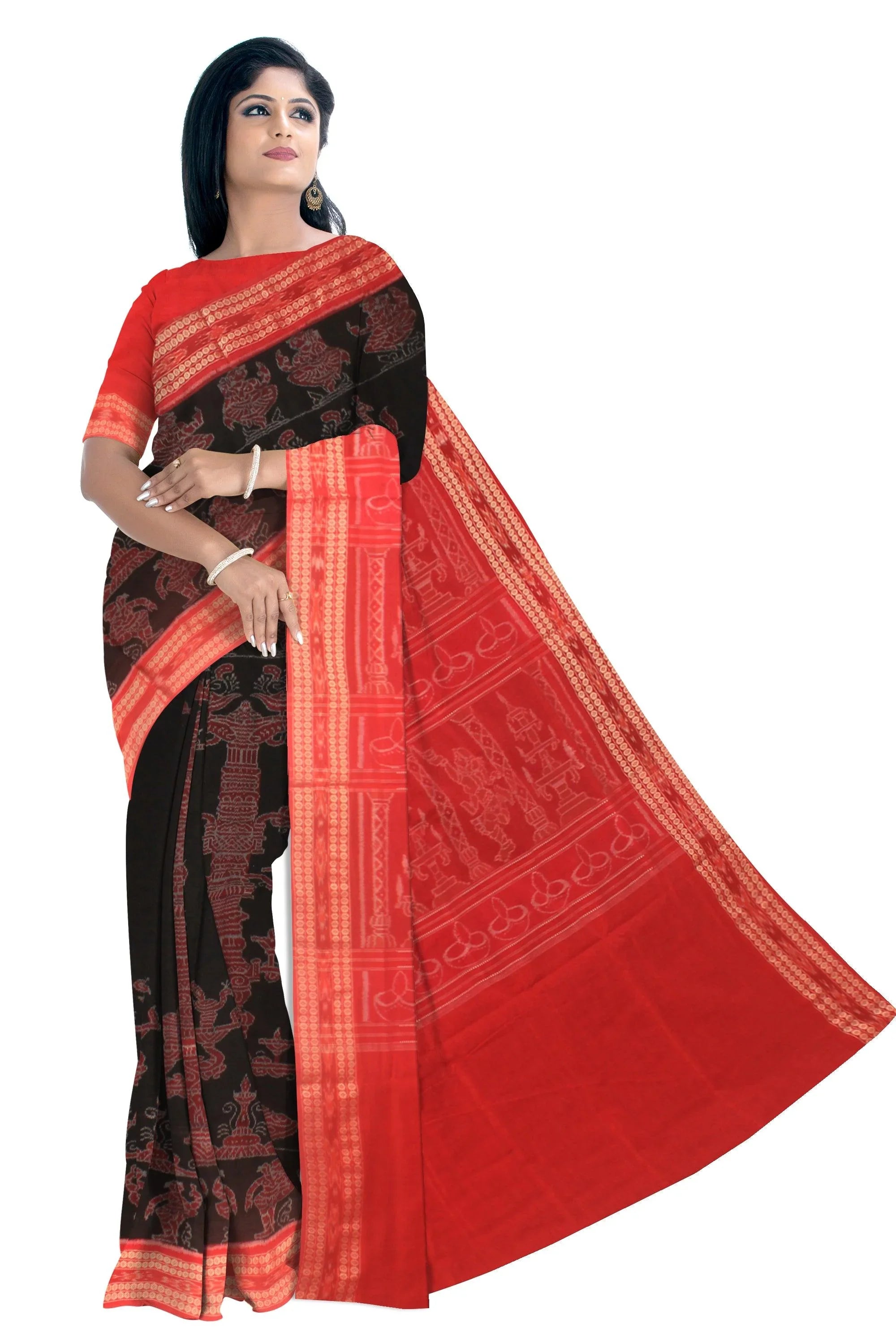 Bada Jagara design Sambalpuri cotton Saree in Black and Red colour with blouse piece. - Koshali Arts & Crafts Enterprise