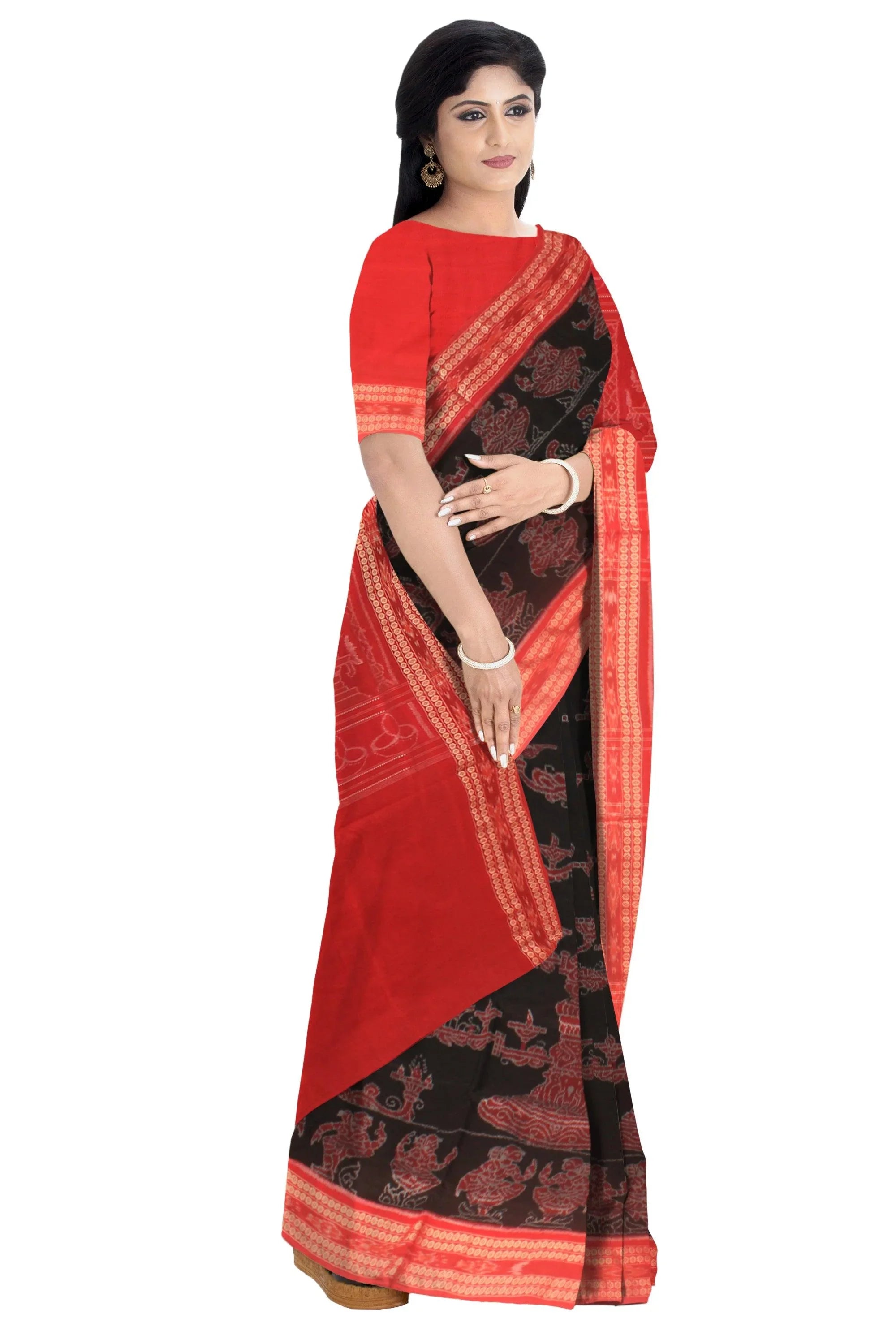 Bada Jagara design Sambalpuri cotton Saree in Black and Red colour with blouse piece. - Koshali Arts & Crafts Enterprise