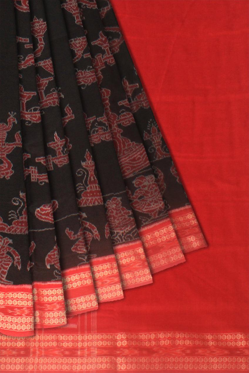 Bada Jagara design Sambalpuri cotton Saree in Black and Red colour with blouse piece. - Koshali Arts & Crafts Enterprise