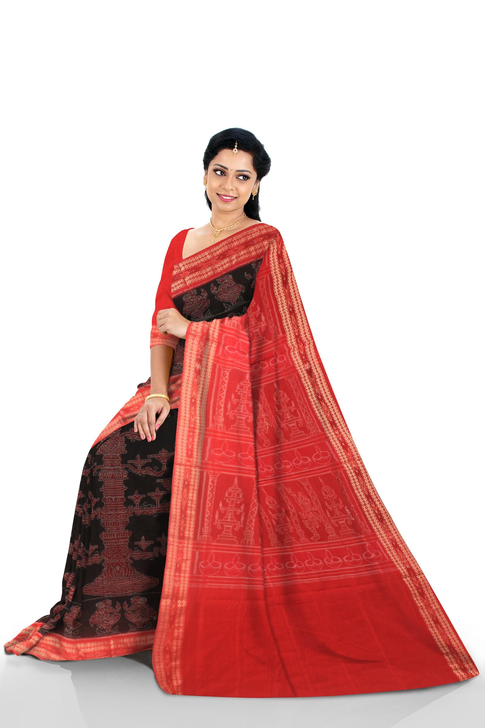 Bada Jagara design Sambalpuri cotton Saree in Black and Red colour with blouse piece. - Koshali Arts & Crafts Enterprise