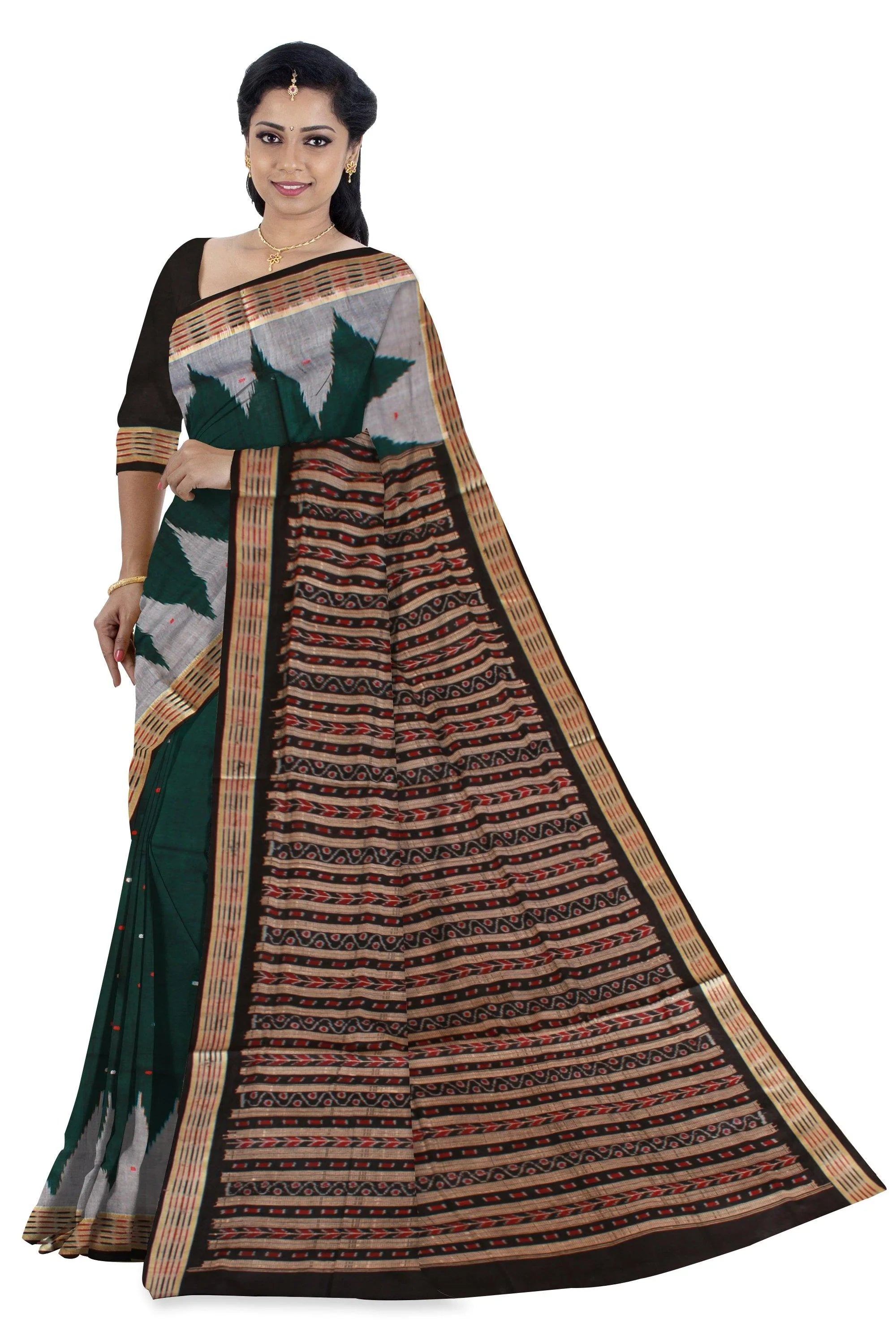 Sea-green, silver and black color small booty pattern Sambalpuri cotton saree with blouse piece. - Koshali Arts & Crafts Enterprise