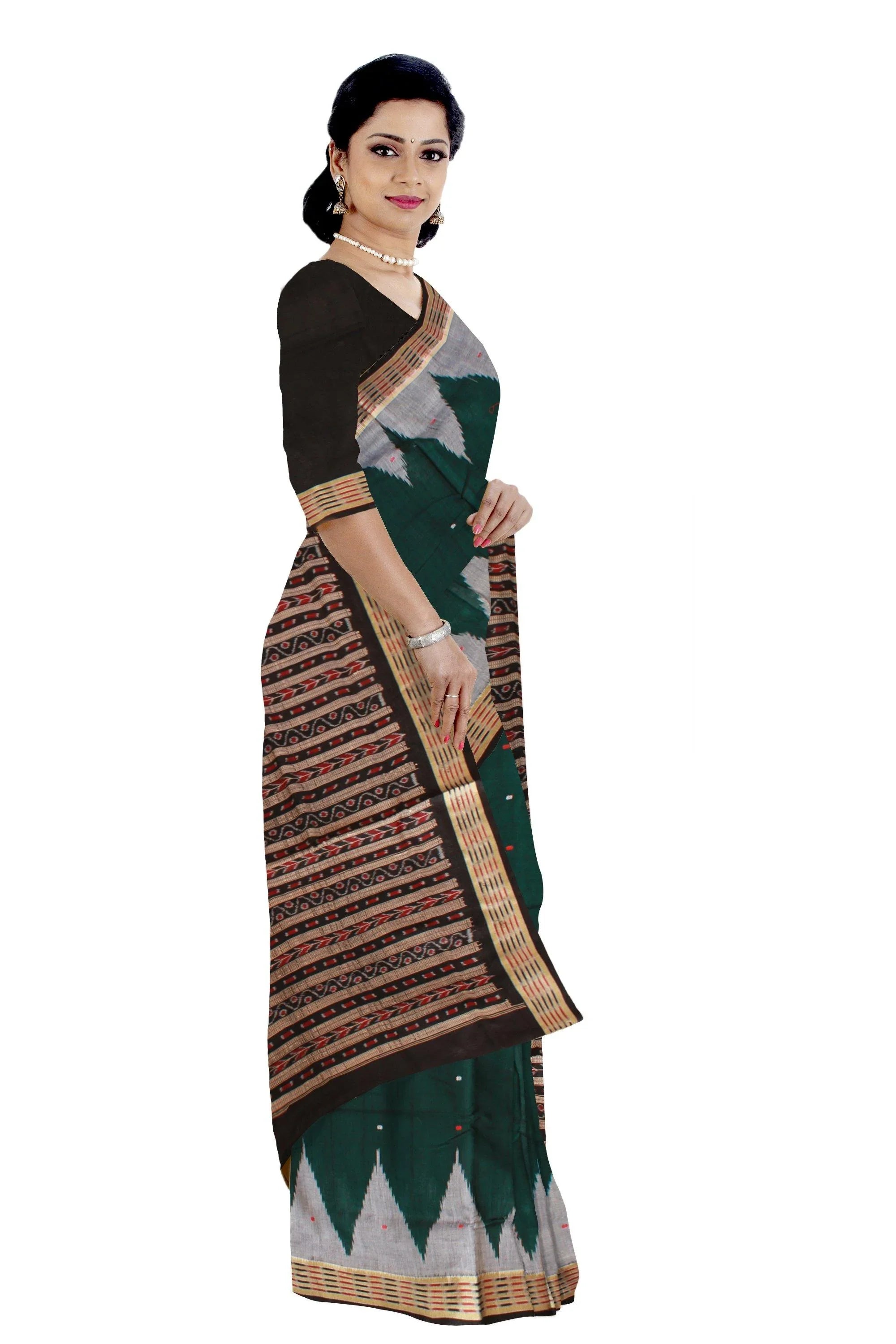 Sea-green, silver and black color small booty pattern Sambalpuri cotton saree with blouse piece. - Koshali Arts & Crafts Enterprise