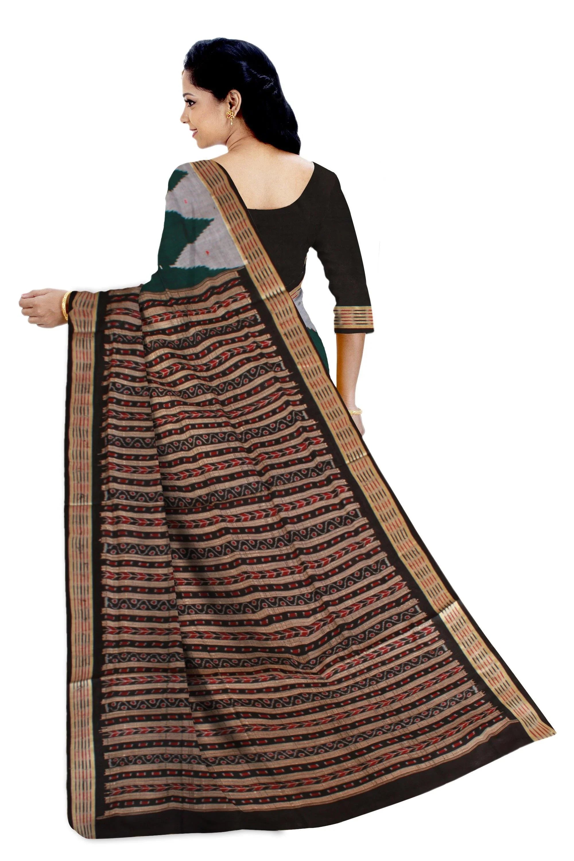 Sea-green, silver and black color small booty pattern Sambalpuri cotton saree with blouse piece. - Koshali Arts & Crafts Enterprise