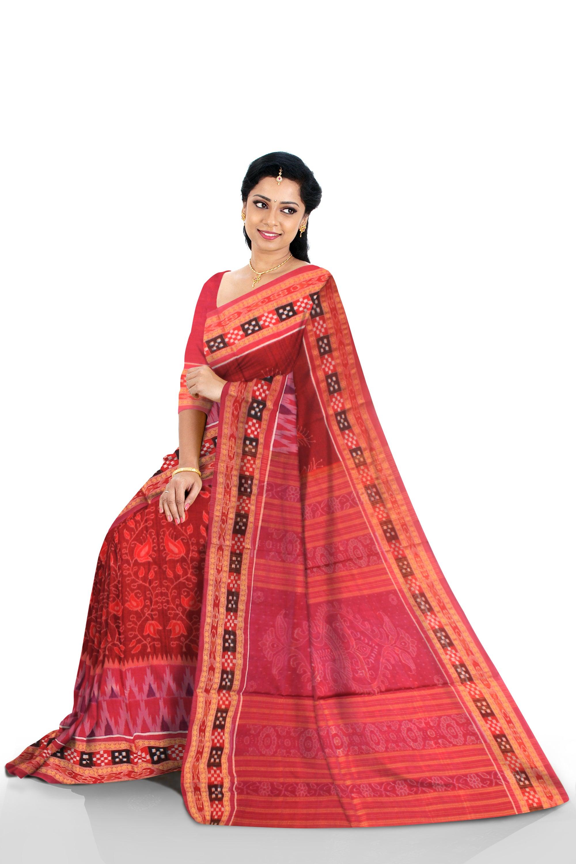 A Sambalpuri cotton saree in violet color and dhadi pasapali grassflower design body with blouse piece. - Koshali Arts & Crafts Enterprise