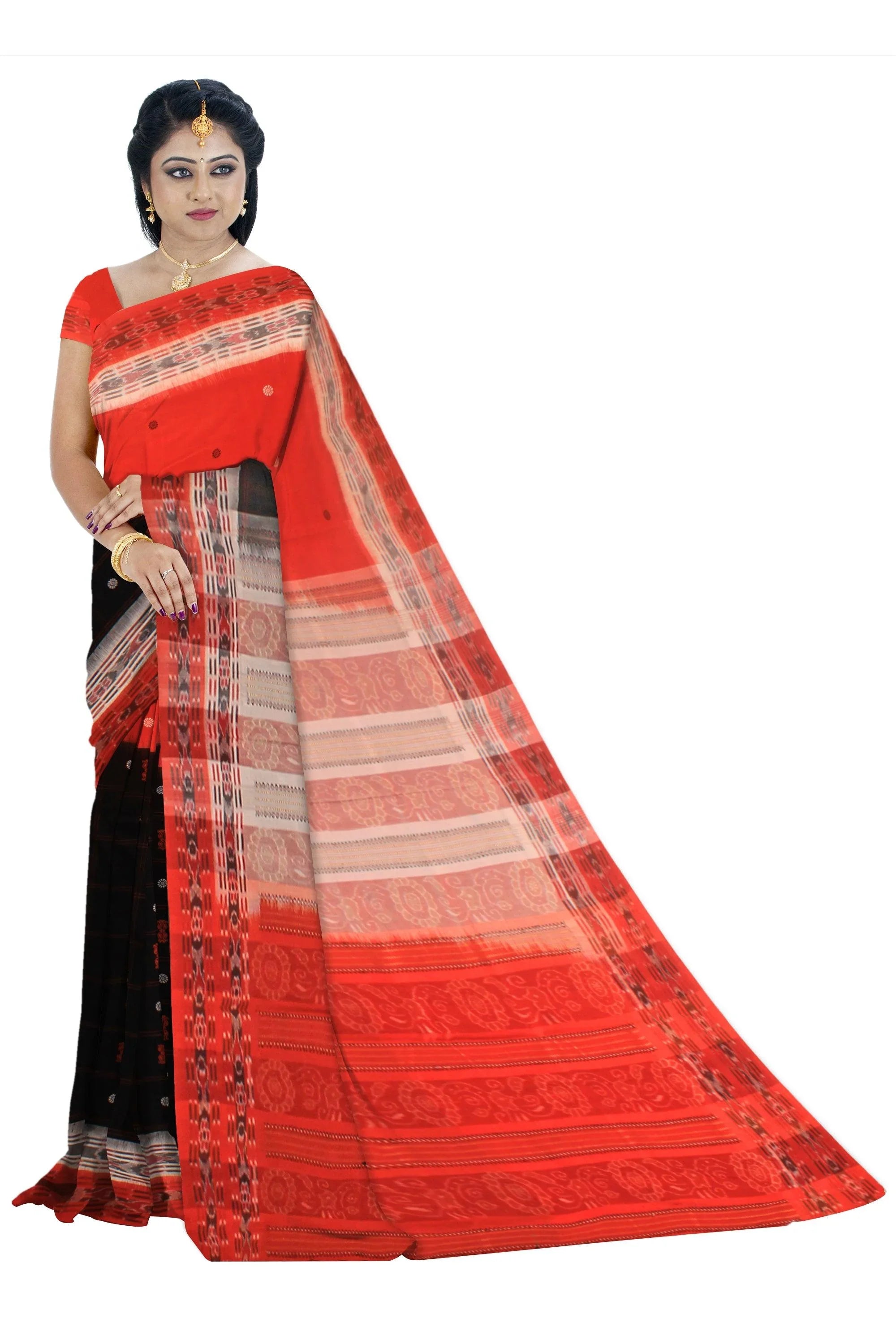 Sambalpuri cotton Saree in Orange and Black Color with booty design in body with blouse piece. - Koshali Arts & Crafts Enterprise