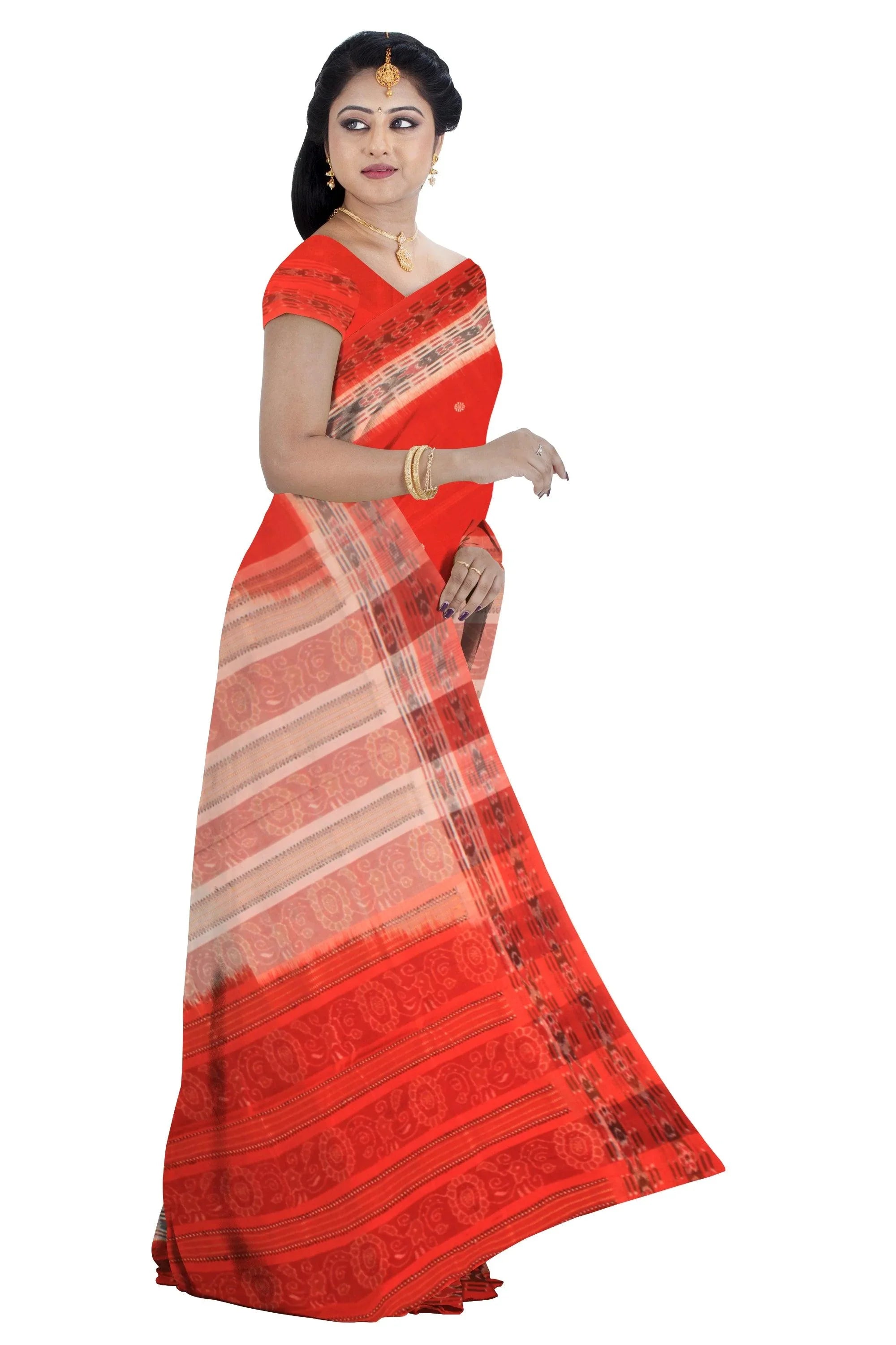 Sambalpuri cotton Saree in Orange and Black Color with booty design in body with blouse piece. - Koshali Arts & Crafts Enterprise