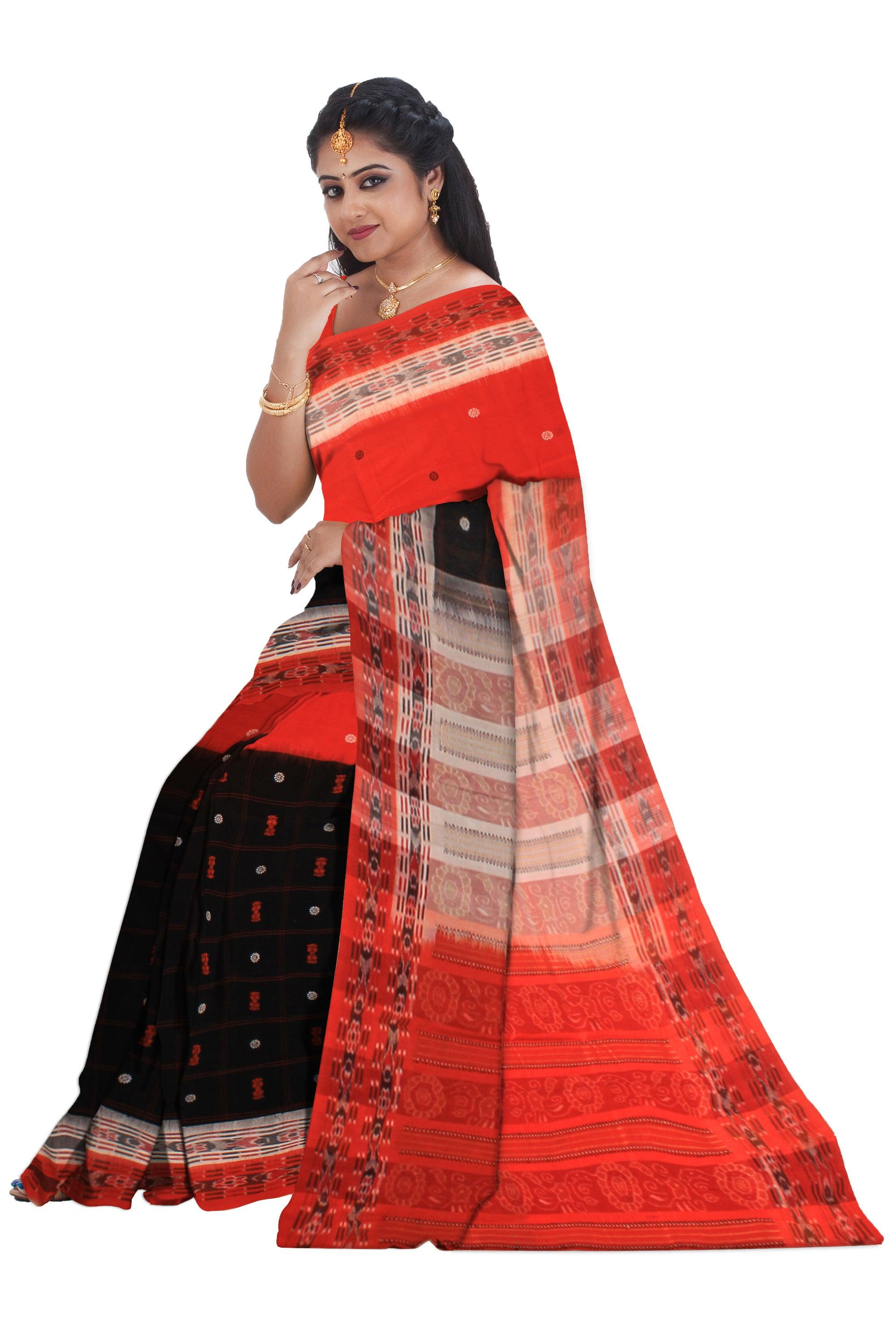 Sambalpuri cotton Saree in Orange and Black Color with booty design in body with blouse piece. - Koshali Arts & Crafts Enterprise