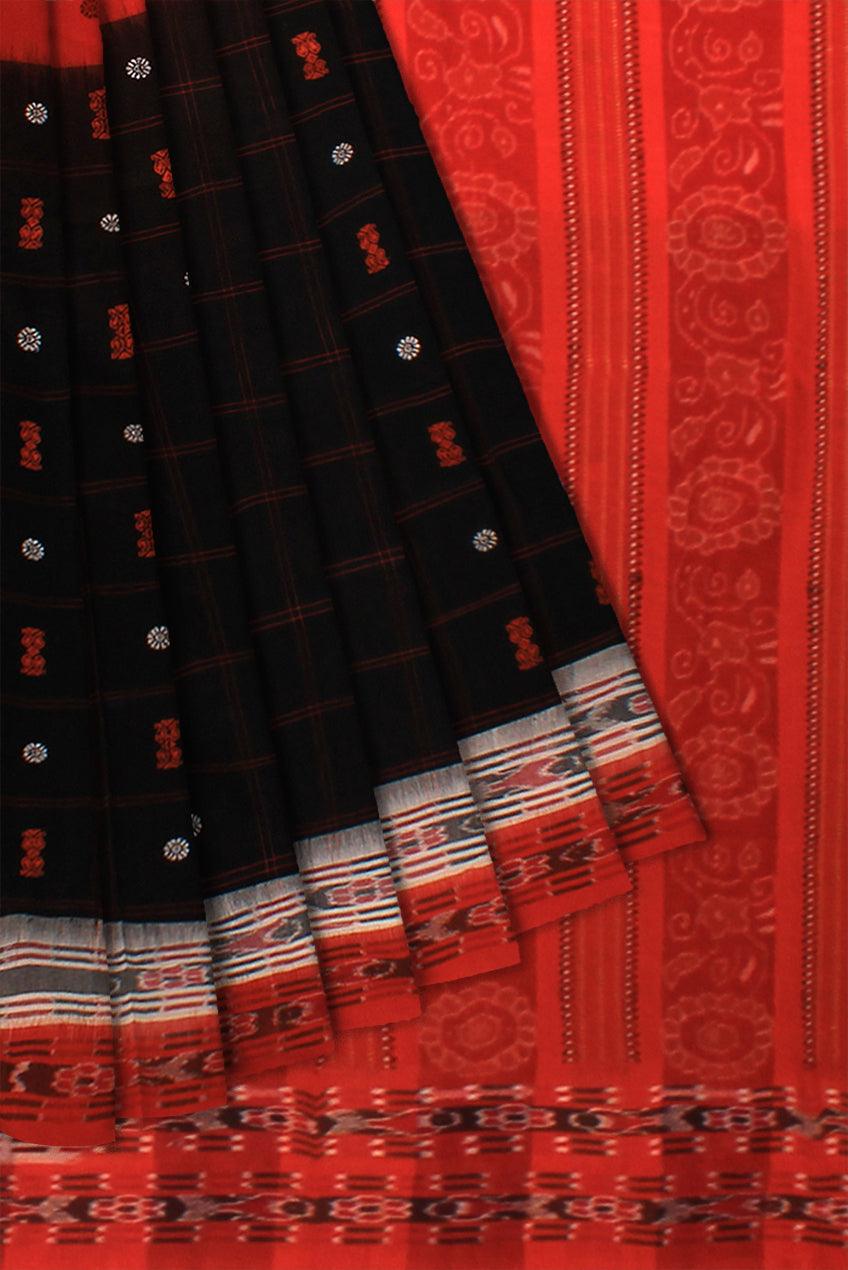Sambalpuri cotton Saree in Orange and Black Color with booty design in body with blouse piece. - Koshali Arts & Crafts Enterprise