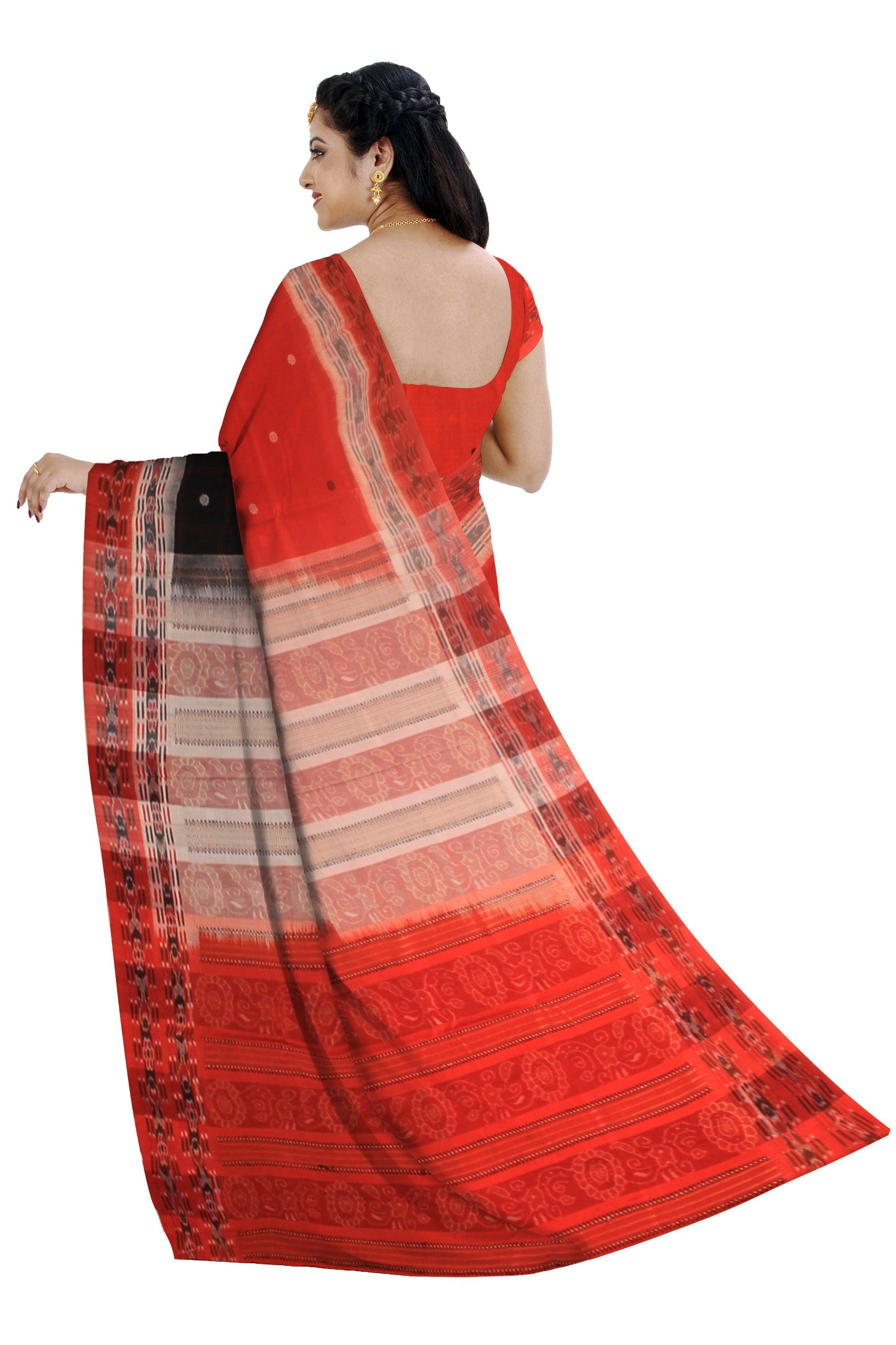 Sambalpuri cotton Saree in Orange and Black Color with booty design in body with blouse piece. - Koshali Arts & Crafts Enterprise