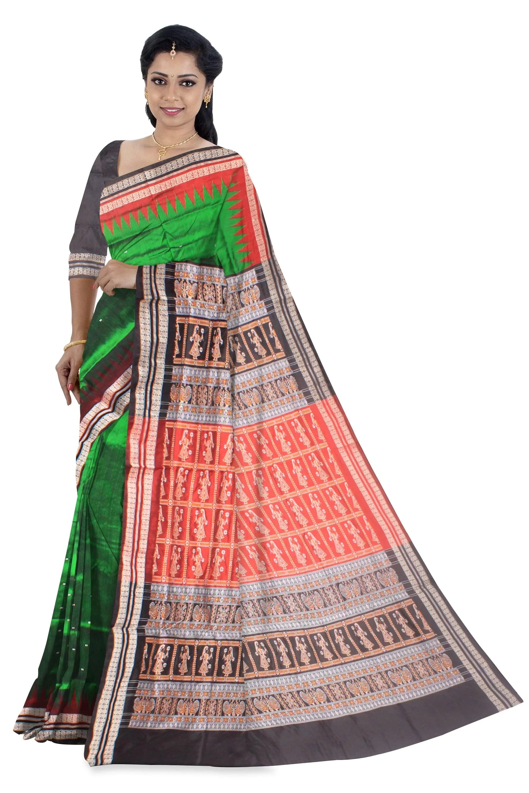 Latest design Green colour Sambalpuri Pata saree with blouse piece. - Koshali Arts & Crafts Enterprise