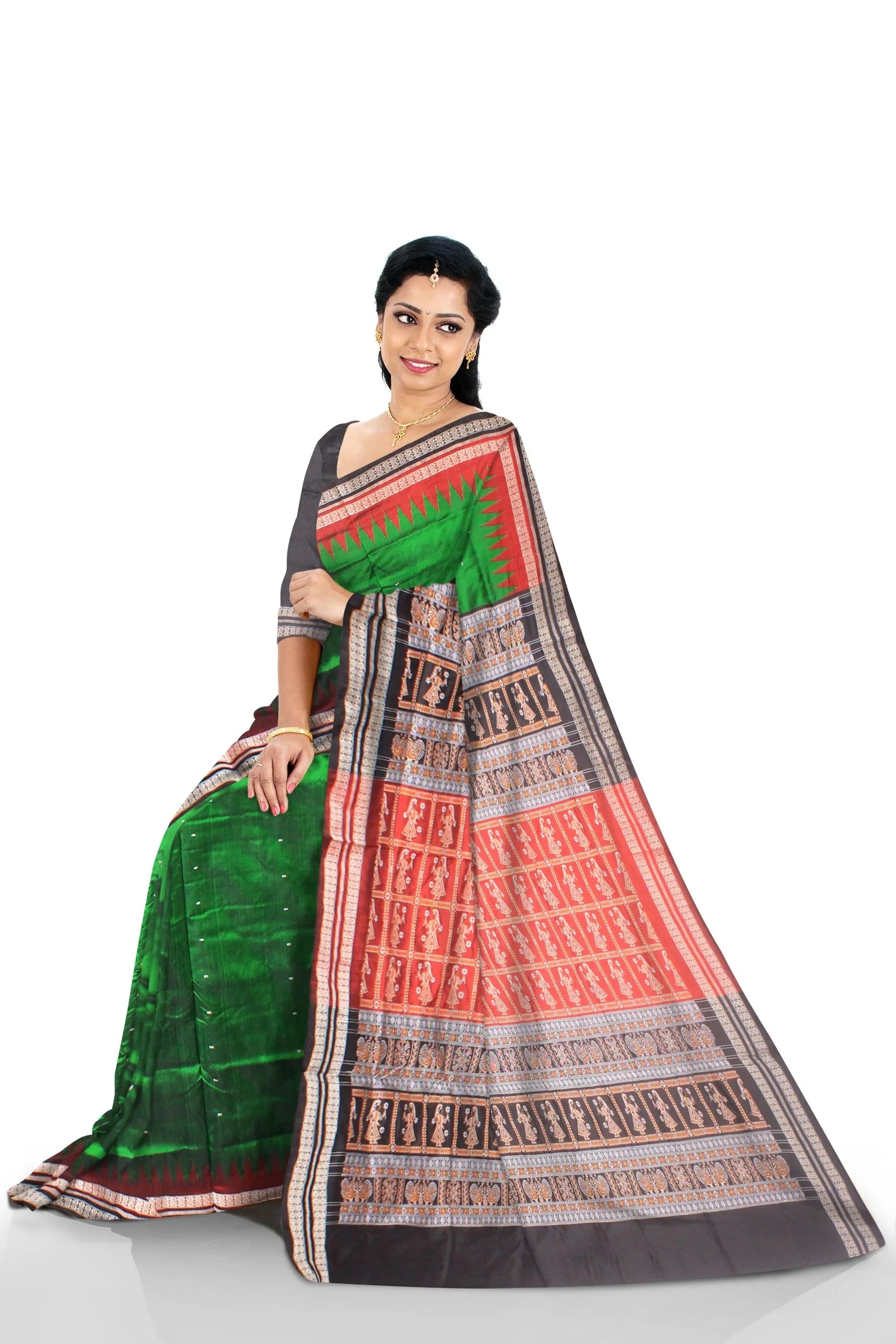 Latest design Green colour Sambalpuri Pata saree with blouse piece. - Koshali Arts & Crafts Enterprise