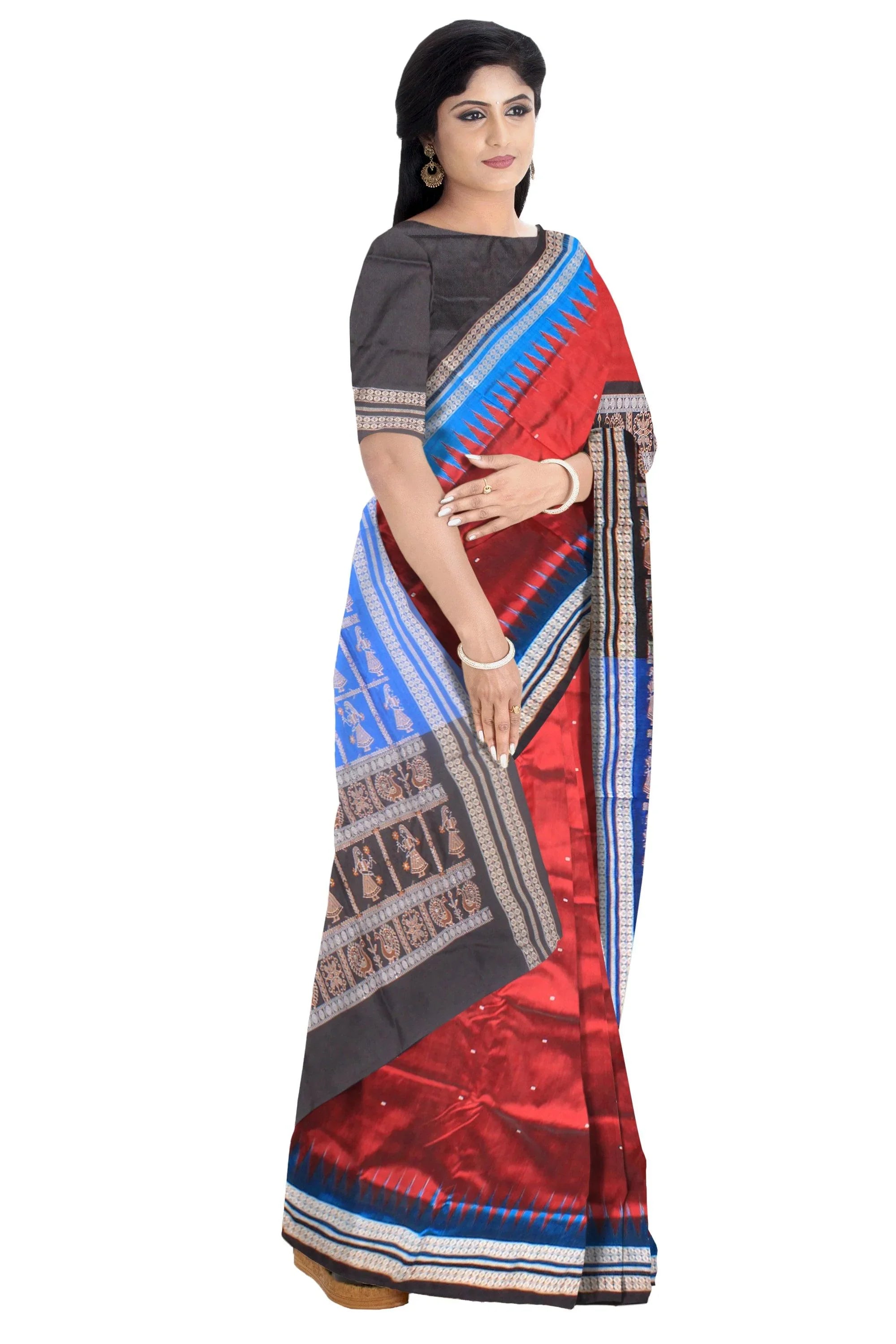 Sambalpuri Pata Saree in Maroon Color with booty design full body with blouse piece. - Koshali Arts & Crafts Enterprise